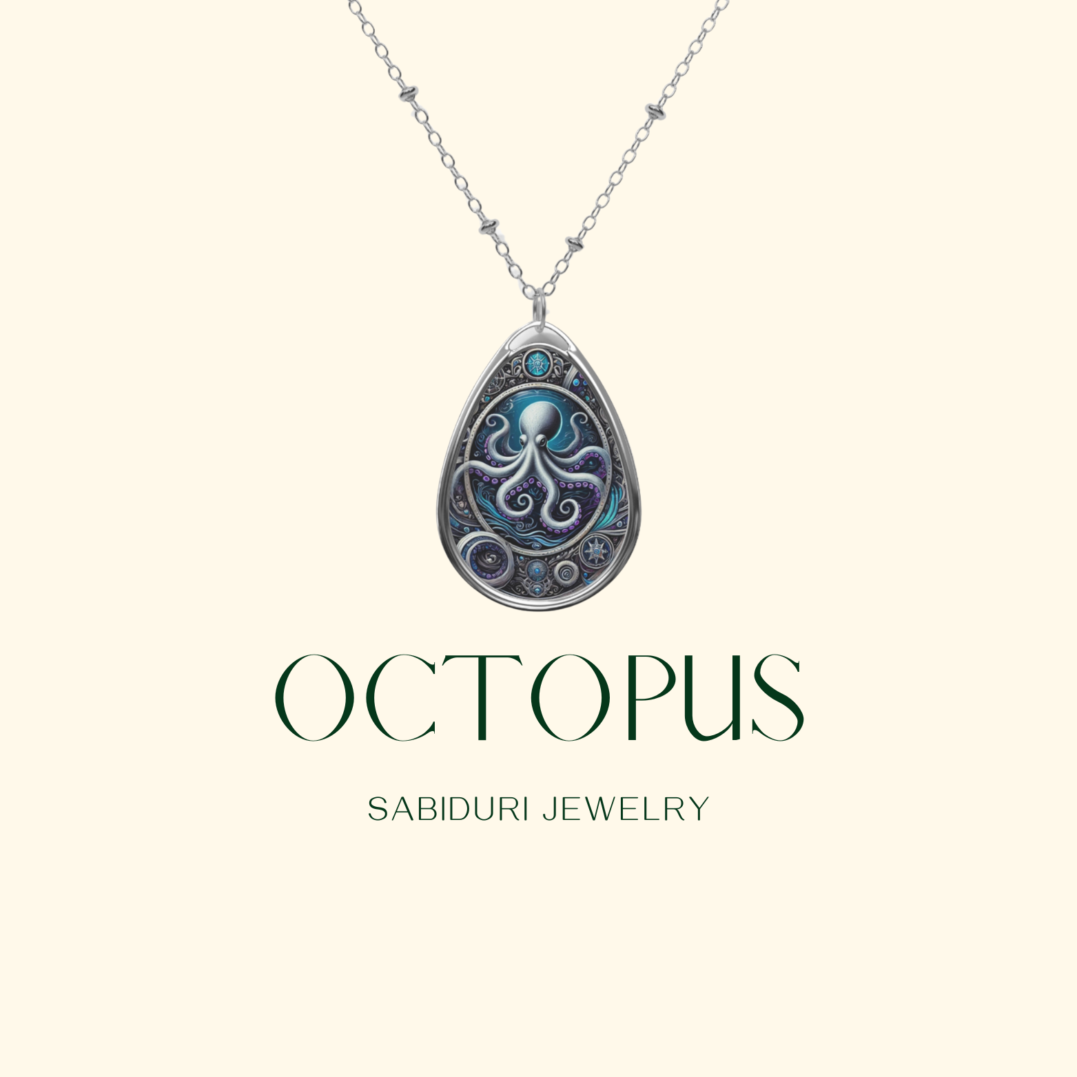 A close-up of the octopus pendant hanging from a delicate silver chain, with "OCTOPUS" and "SABIDURI JEWELRY" written below in green serif text. The pendant has a mystical, oceanic design with swirling tentacles and intricate metallic details.