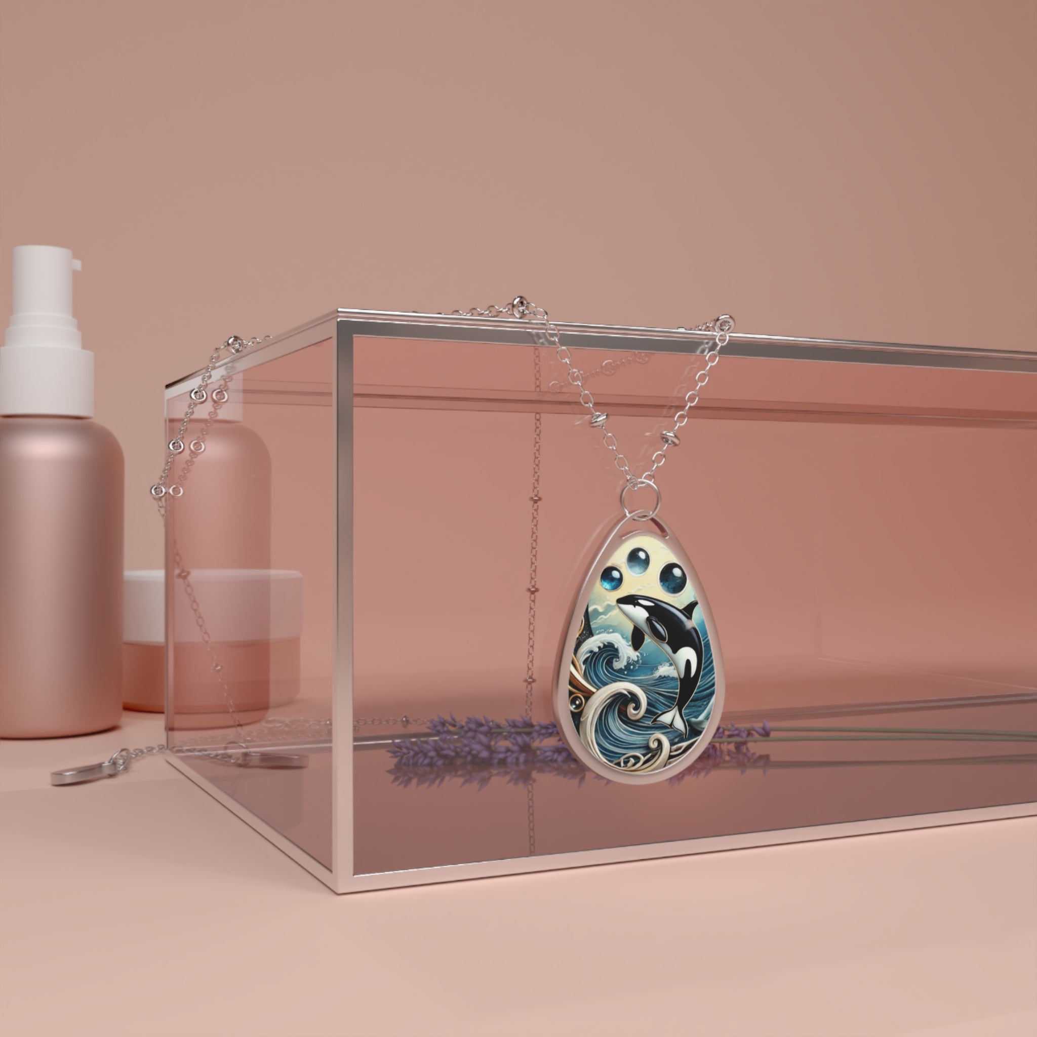 An orca whale pendant draped over the edge of a transparent glass box, set against a soft pink background. The pendant features a detailed orca whale leaping through waves with three blue gemstones above it. The scene is surrounded by other minimalist beauty products.