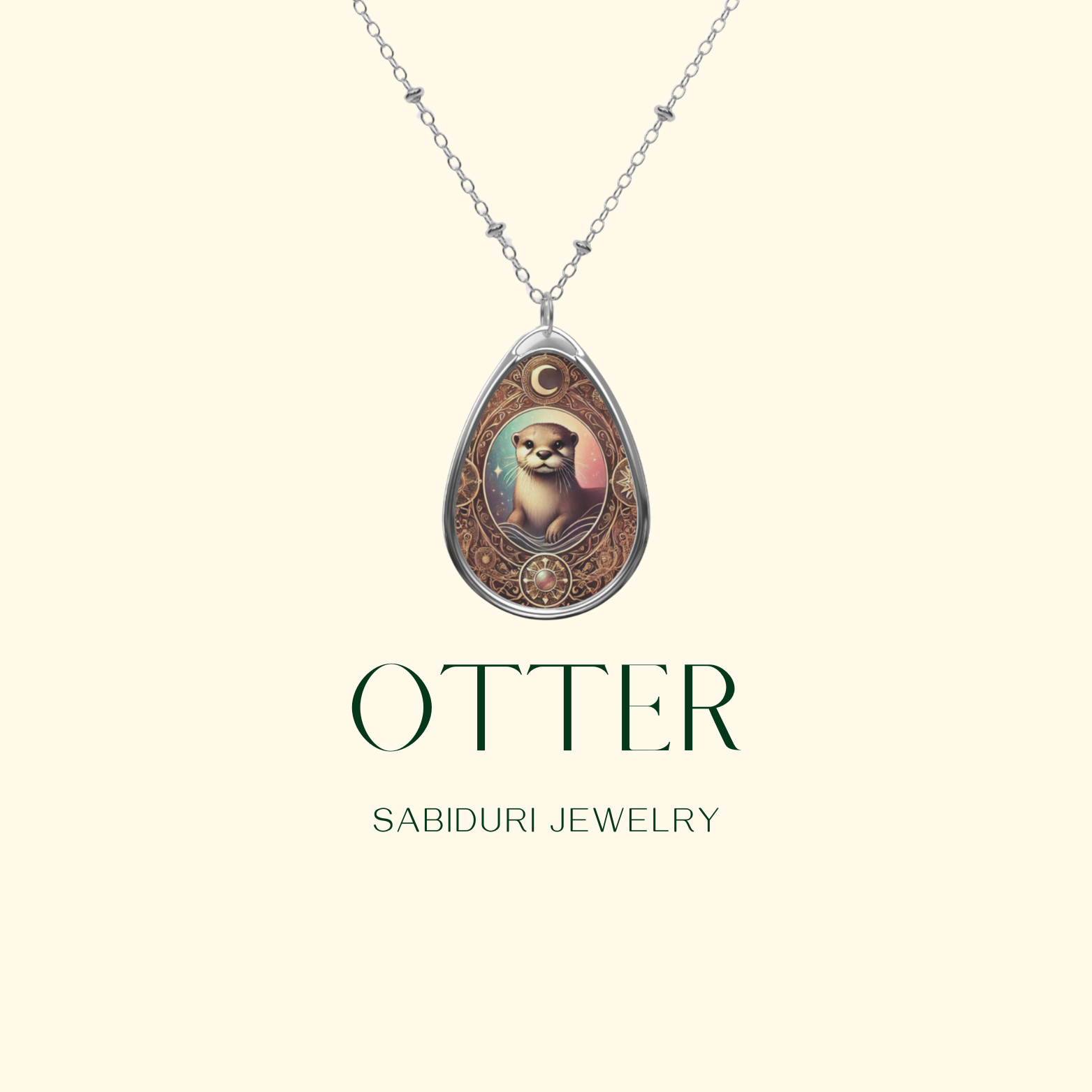 A digital advertisement for the Otter necklace by Sabiduri Jewelry. The pendant showcases a realistic otter design with golden embellishments and soft pastel hues in the background. The text "OTTER" and "SABIDURI JEWELRY" is elegantly displayed beneath the necklace.