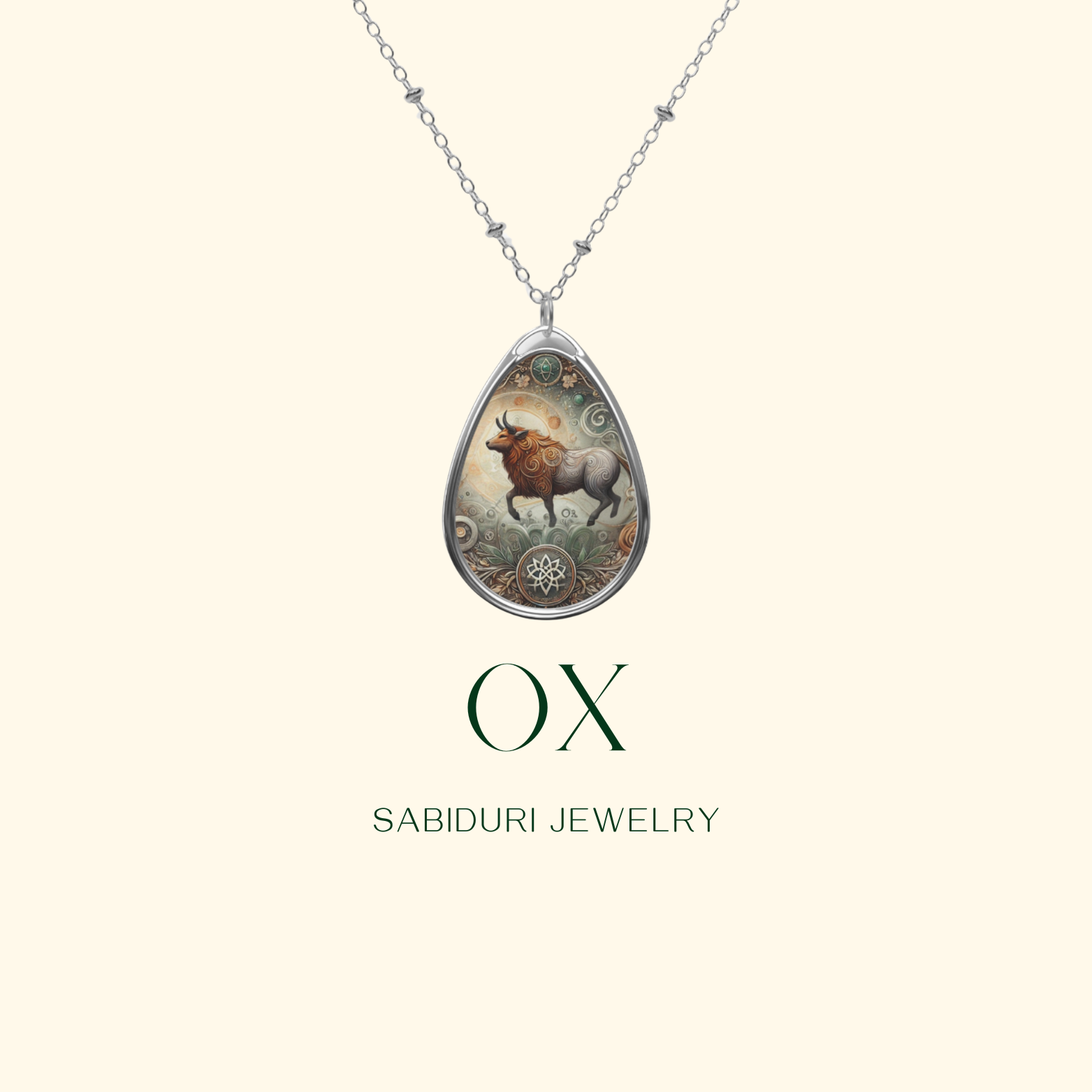 The ox necklace displayed on rich brown fabric, emphasizing the pendant’s intricate details and warm earthy tones.