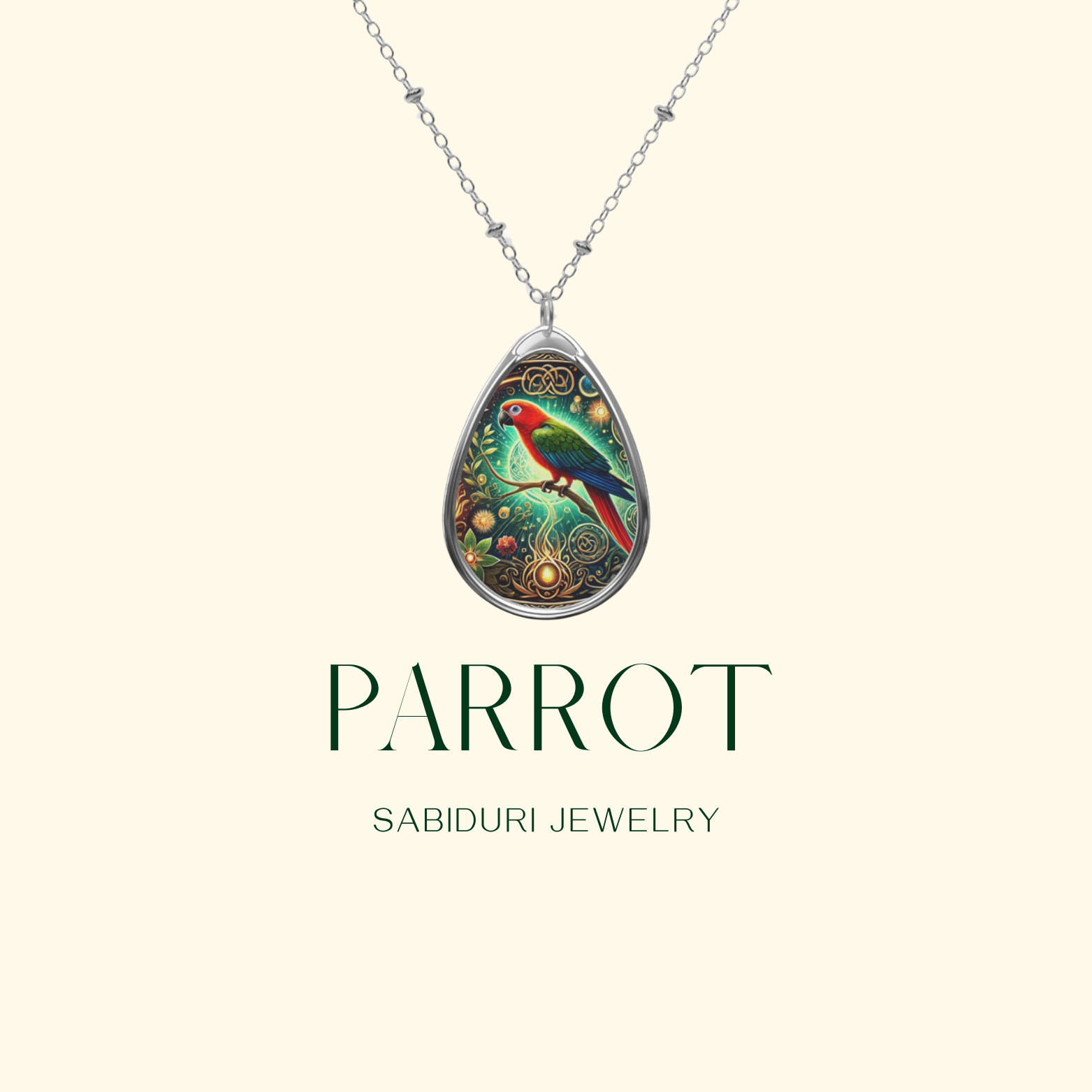 A close-up of the parrot pendant, highlighting its detailed artwork with a vibrant red and green parrot set against a lush, decorative background. The necklace is suspended against a neutral cream-colored background with the text "PARROT" and "SABIDURI JEWELRY."