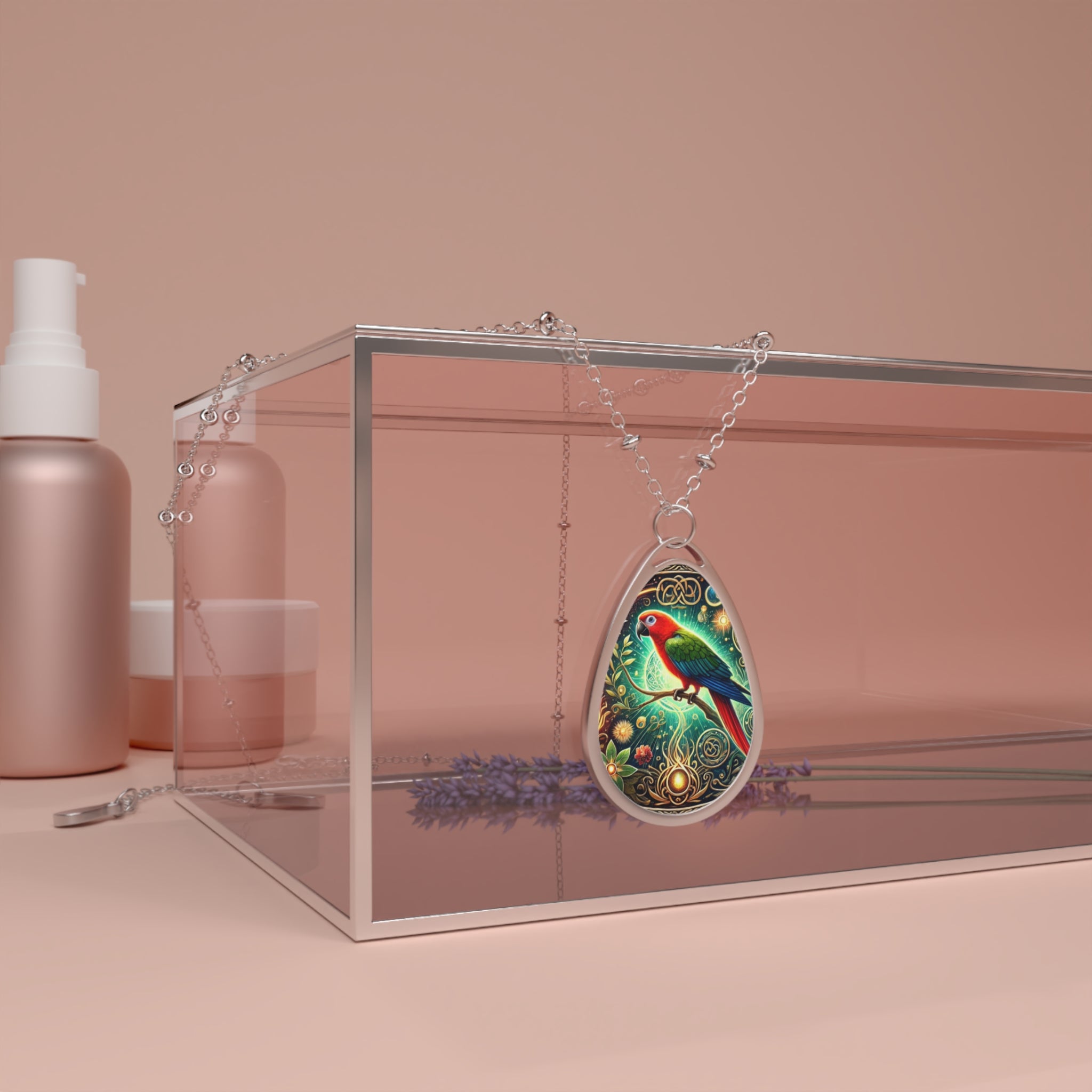  The parrot necklace draped over a transparent glass box, surrounded by lavender sprigs and soft pink-toned cosmetics containers. The pendant's rich colors and filigree details stand out against the muted background.