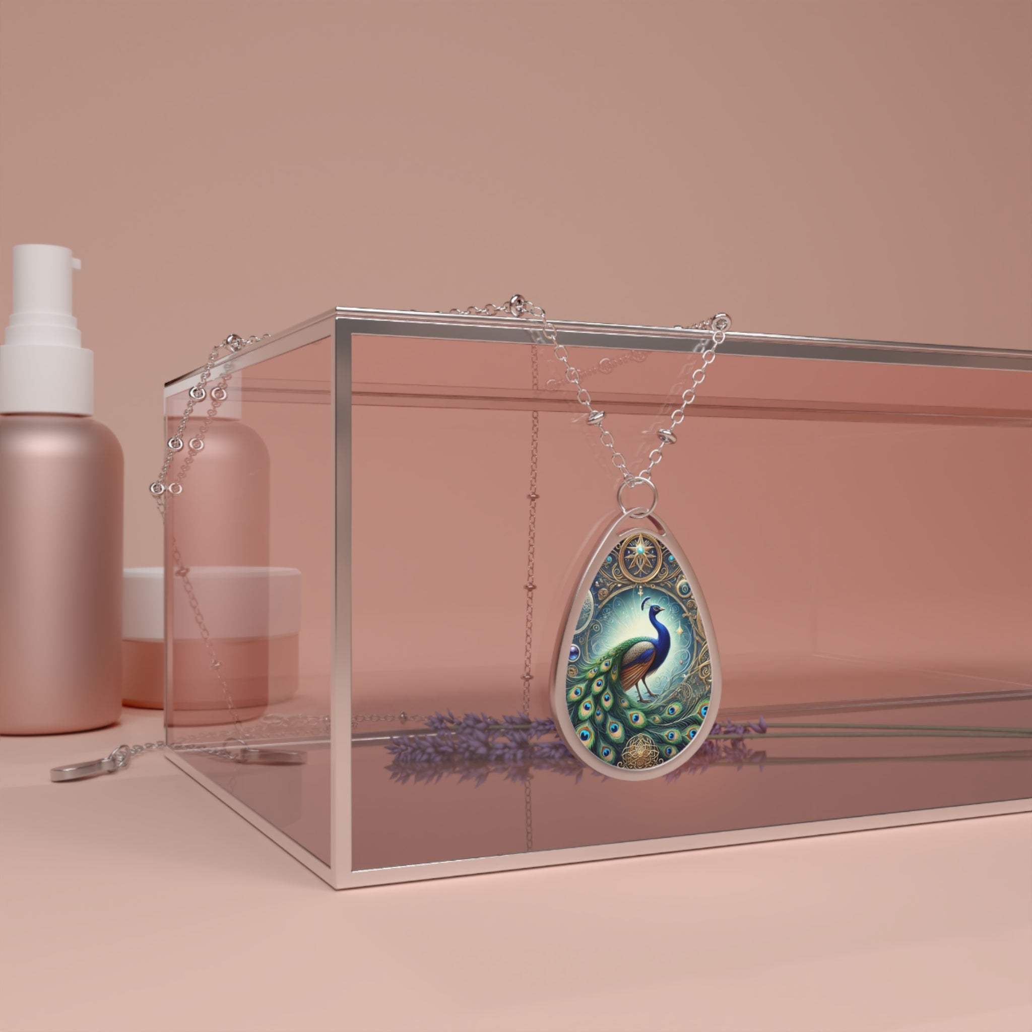 A luxurious peacock pendant necklace draped over a transparent display box, surrounded by beauty products and lavender sprigs. The pendant showcases a strikingly detailed peacock in a gold-framed design, with its radiant tail fanned out. The soft pink background enhances the jewelry's elegance.