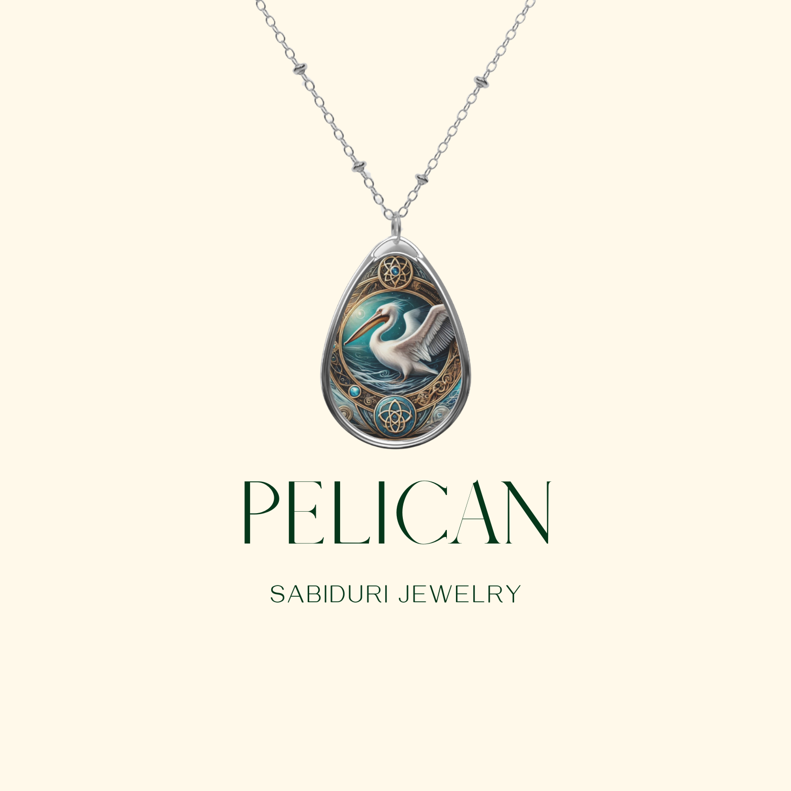 A close-up of a silver pendant necklace showcasing a pelican with outstretched wings, surrounded by ornate gold accents and blue gemstones, against a cream-colored background. The text "PELICAN" and "SABIDURI JEWELRY" are displayed below.