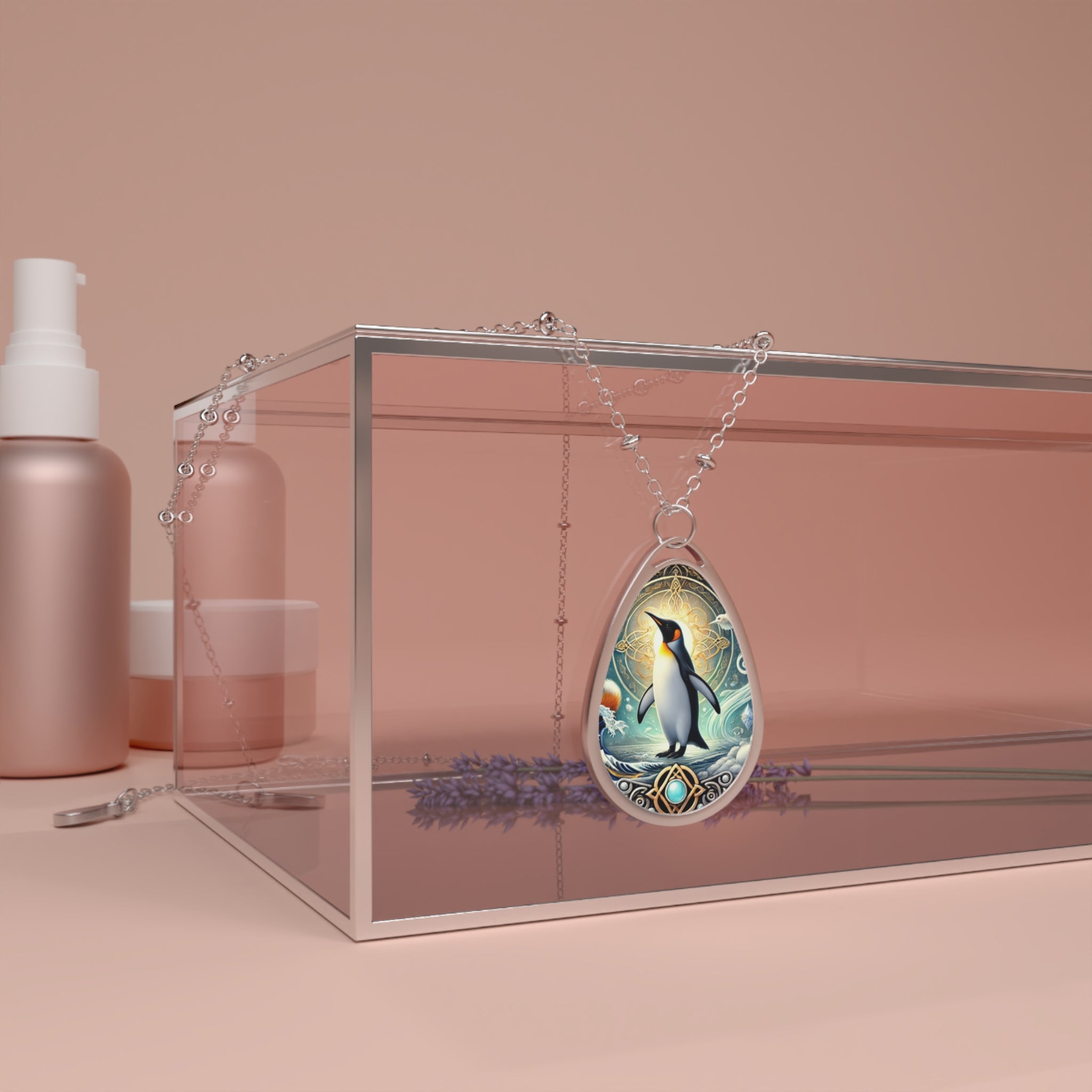 The necklace is draped over a transparent glass box with a blush-pink tone, surrounded by delicate lavender flowers. The pendant’s intricate design, with the penguin and celestial engravings, is highlighted in this aesthetic jewelry showcase.