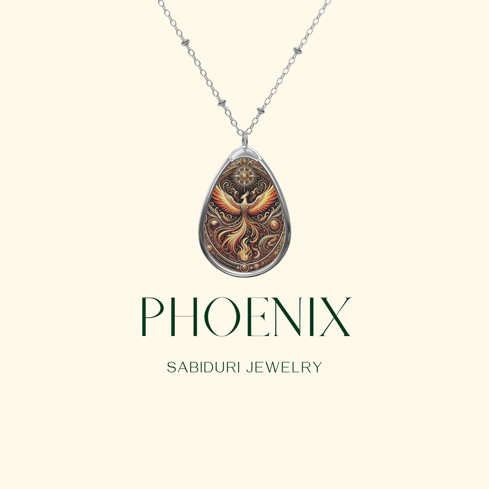 A close-up of a phoenix necklace pendant suspended on a delicate silver chain against a minimalist cream-colored background. The pendant showcases a majestic phoenix with elaborate feather details, surrounded by ornate golden swirls. The text "PHOENIX - SABIDURI JEWELRY" is placed beside the necklace.