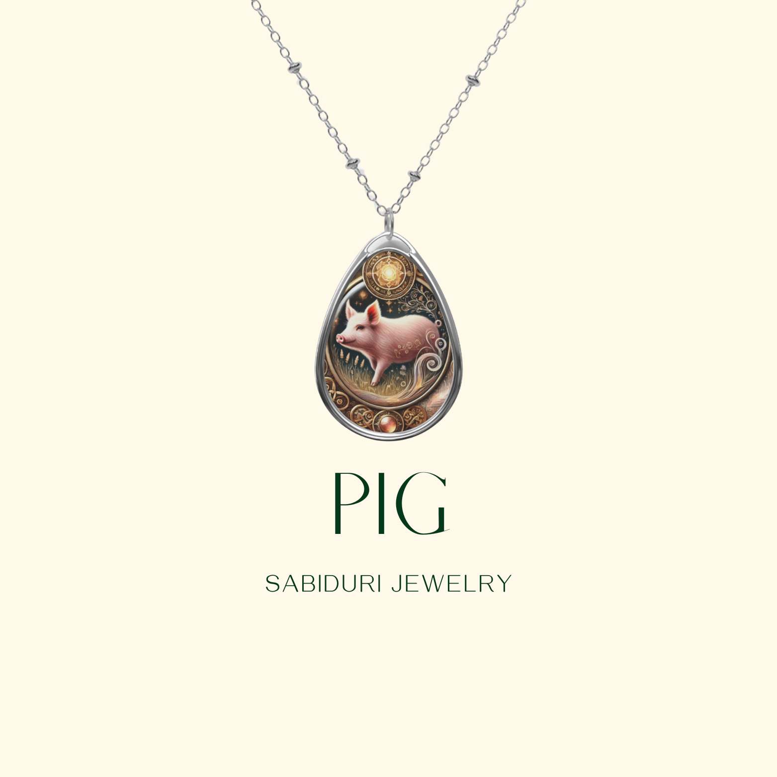 A detailed close-up of the pig pendant necklace, showcasing its elegant gold and bronze embellishments. The pendant is suspended from a delicate chain, and the text "PIG" and "SABIDURI JEWELRY" are displayed on a minimalist cream-colored background.