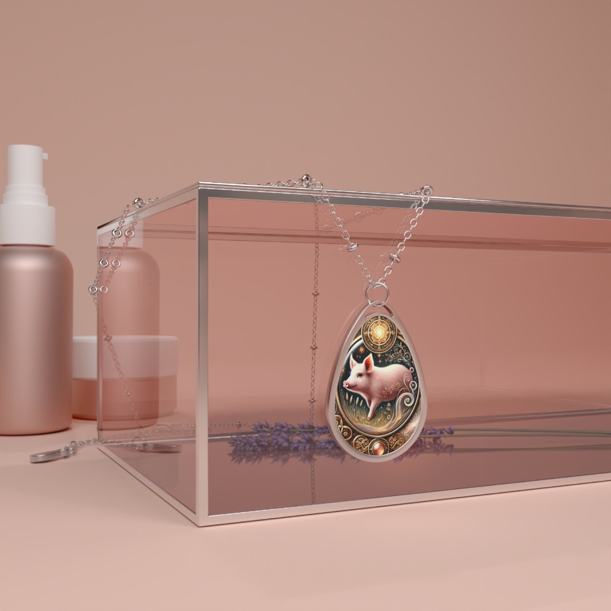 The pig pendant necklace draped over a transparent jewelry box with soft pink tones. The pendant’s intricate golden swirls and rustic charm stand out against the modern, minimalist backdrop, with lavender sprigs adding a delicate touch.