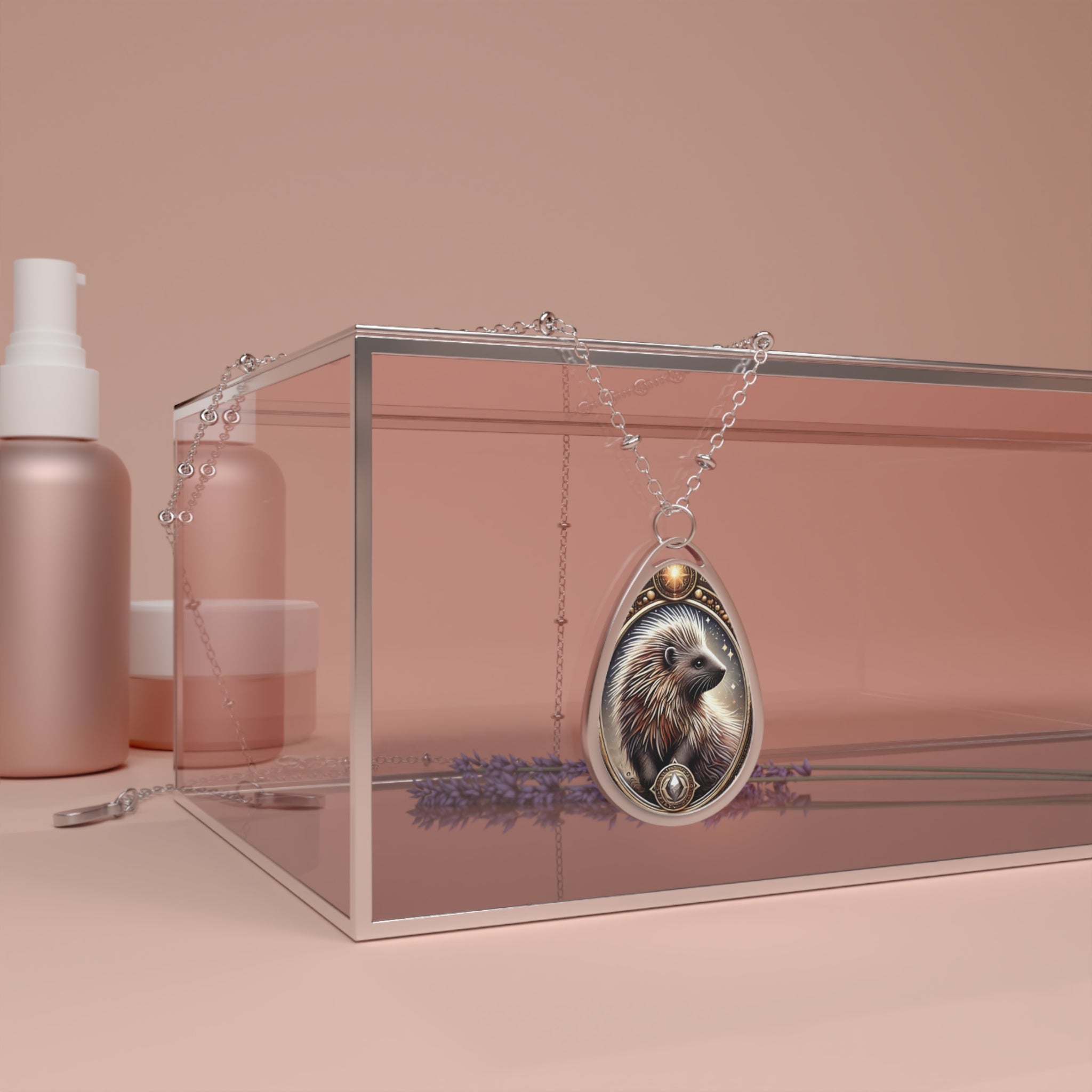 The porcupine pendant draped over a transparent display box, with lavender sprigs beneath it. The soft, neutral-toned background creates a warm contrast, emphasizing the pendant’s earthy color palette and intricate craftsmanship.