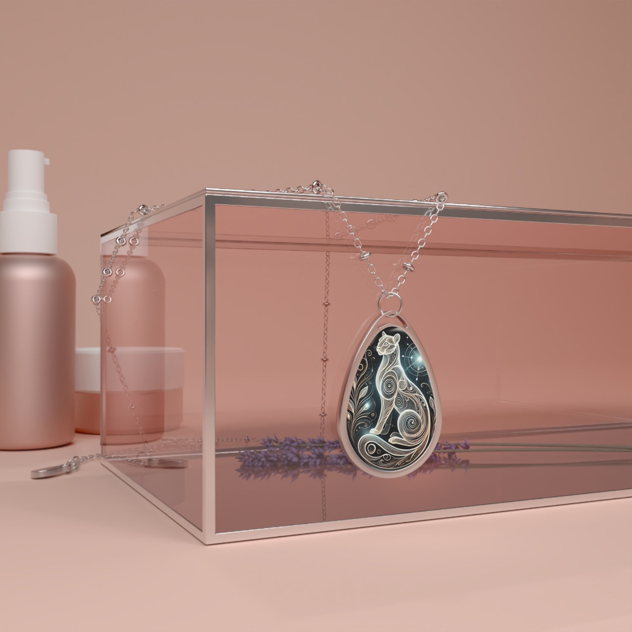 A luxurious puma-engraved pendant resting on a transparent box with soft pink and lavender-toned cosmetics in the background. The pendant’s intricate swirls and celestial detailing stand out against the refined, modern display.