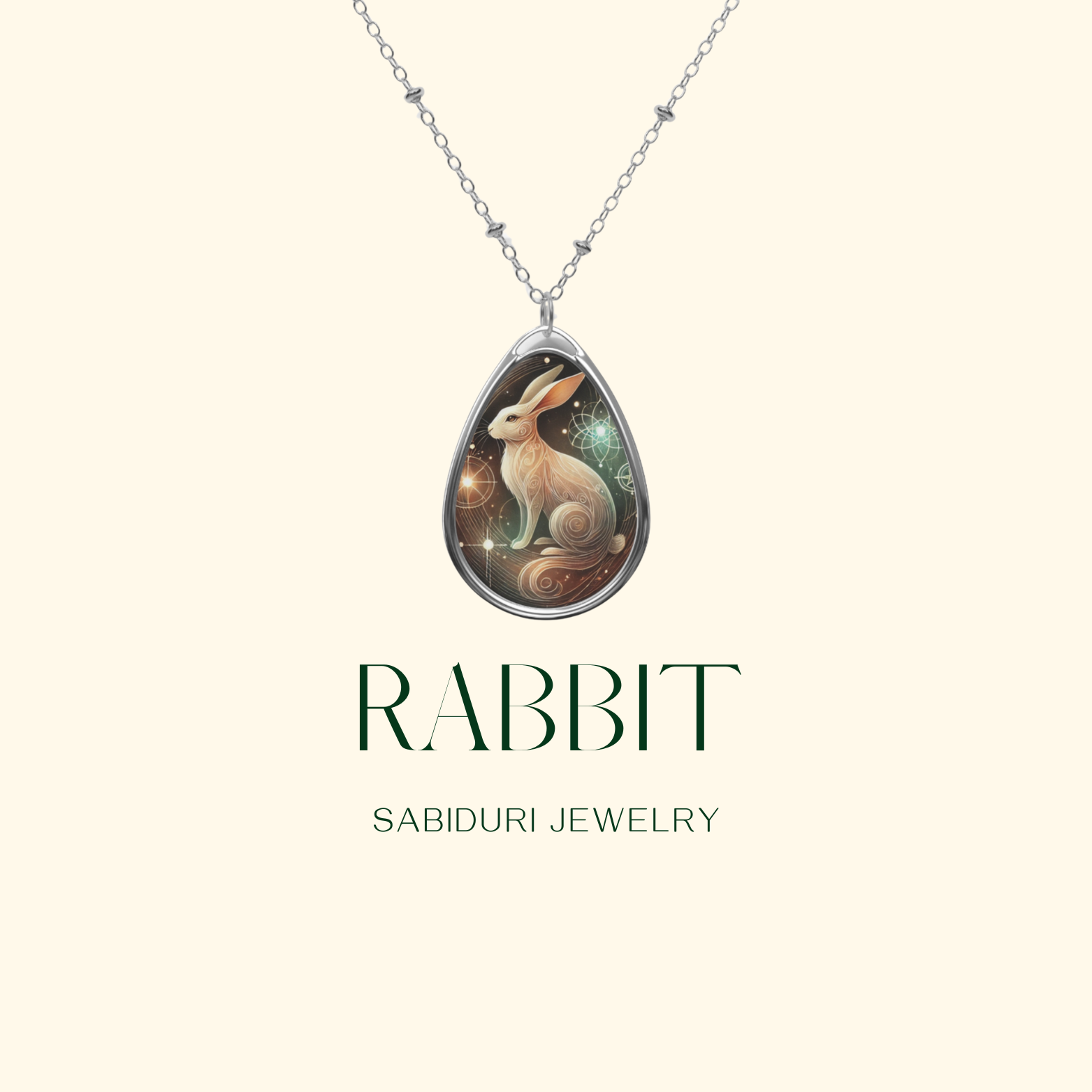 A rabbit-themed pendant necklace with an artistic, mystical design, suspended from a fine silver chain, set against a minimalist cream-colored background with the text "RABBIT" and "SABIDURI JEWELRY."