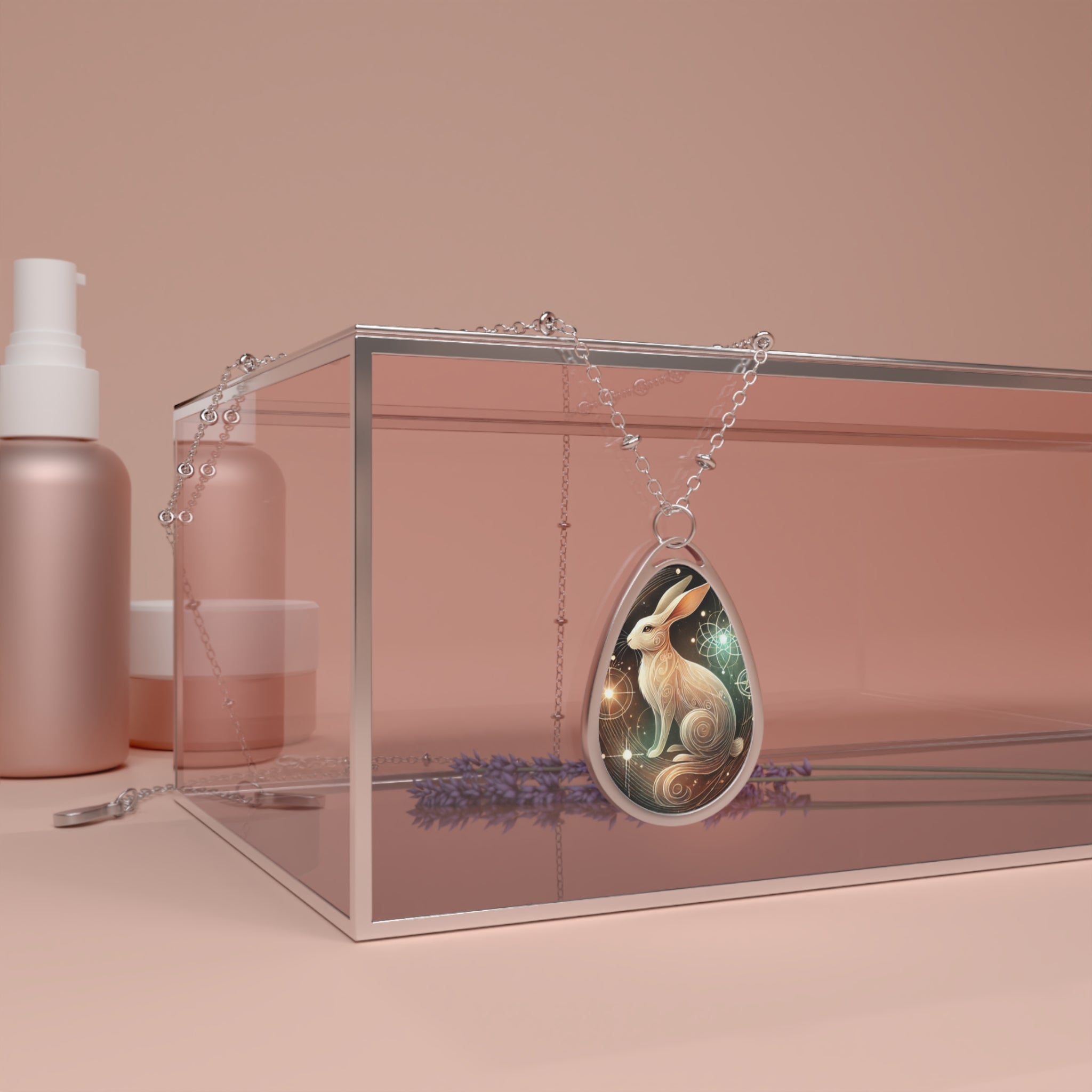 The rabbit pendant necklace draped over a transparent jewelry box, surrounded by subtle beauty products and lavender sprigs, showcasing its detailed craftsmanship in a warm, neutral-toned setting.