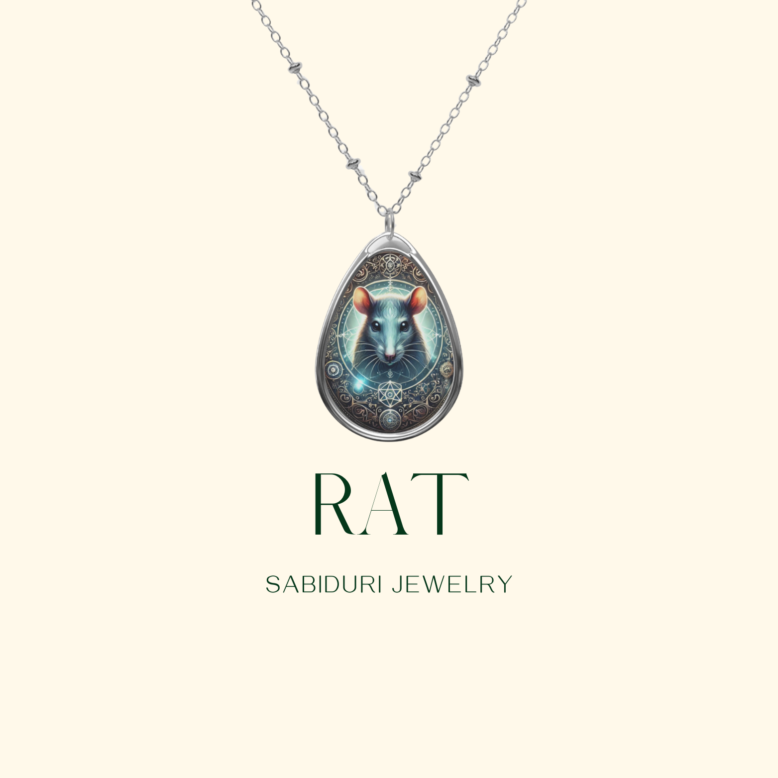 A close-up of a silver chain necklace with a teardrop-shaped pendant showcasing a luminous rat illustration. The pendant's design includes mystical symbols and glowing accents. The background is a soft, cream color with the words "RAT" and "SABIDURI JEWELRY" in an elegant serif font.