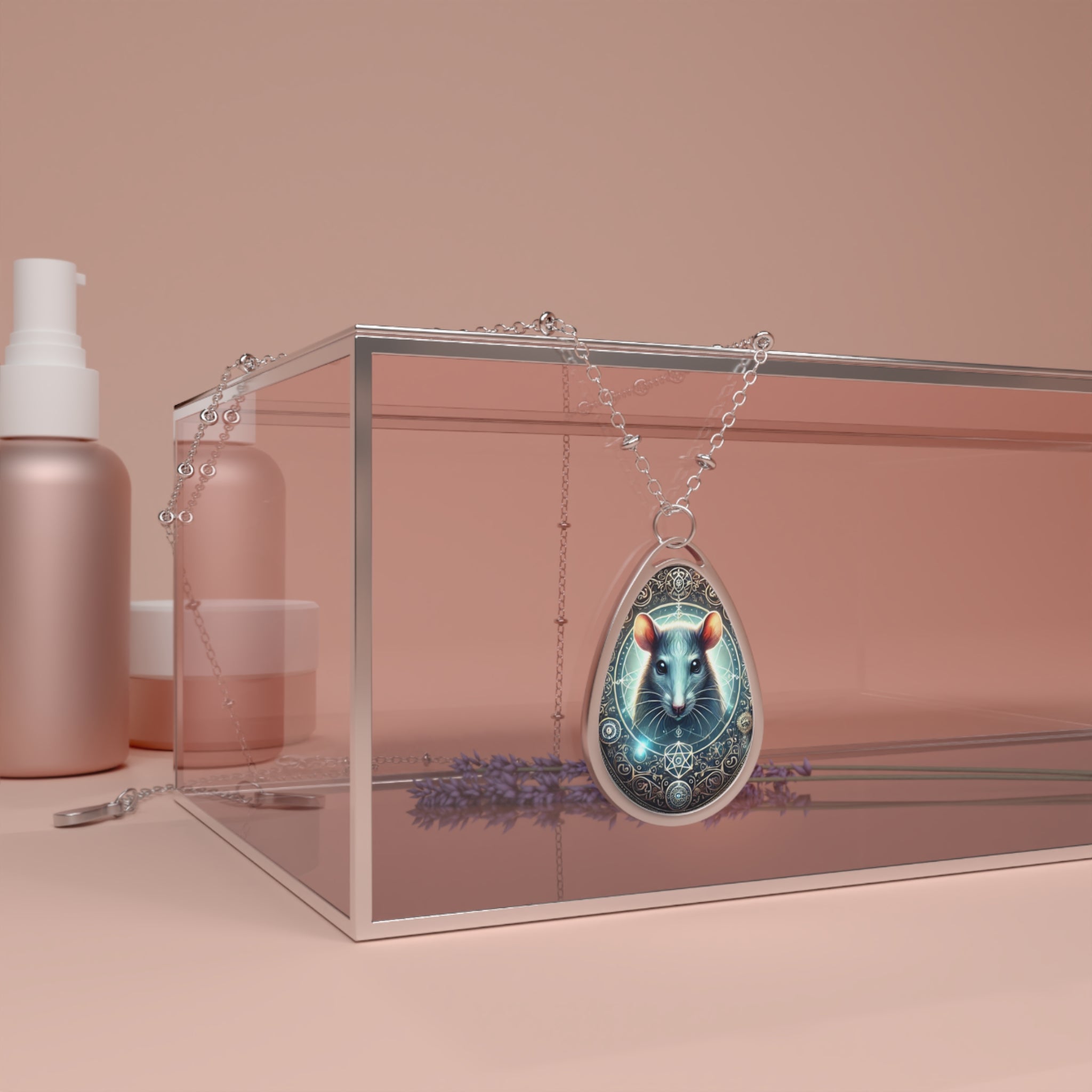 A rat-themed pendant necklace draped over a transparent jewelry box, surrounded by pastel-colored beauty products. The pendant showcases an ethereal glowing rat illustration with intricate celestial patterns, giving a mystical aura.