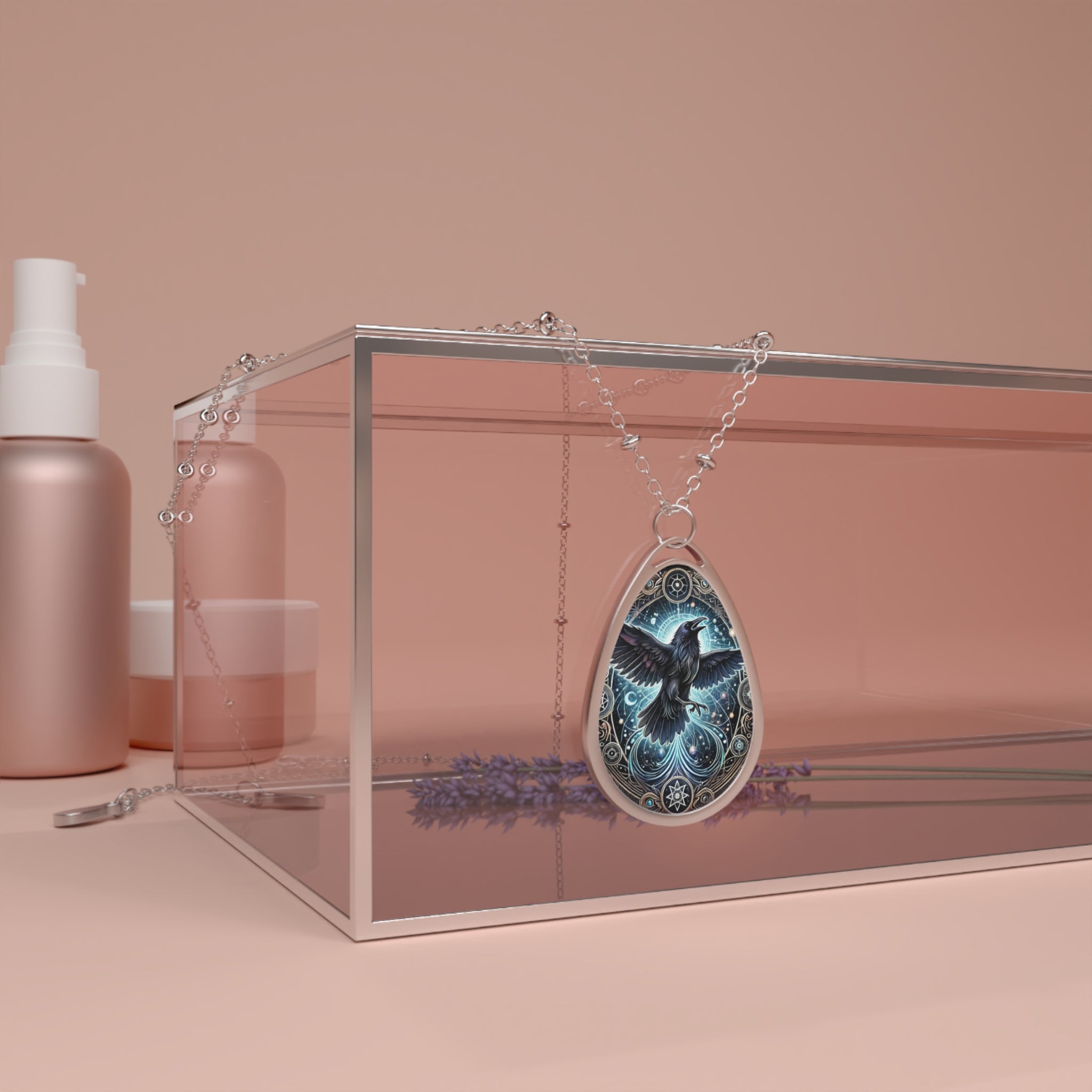 A red panda pendant necklace draped over a transparent jewelry box, surrounded by soft pastel-hued cosmetic bottles. The pendant features a glowing celestial red panda design with intricate details.