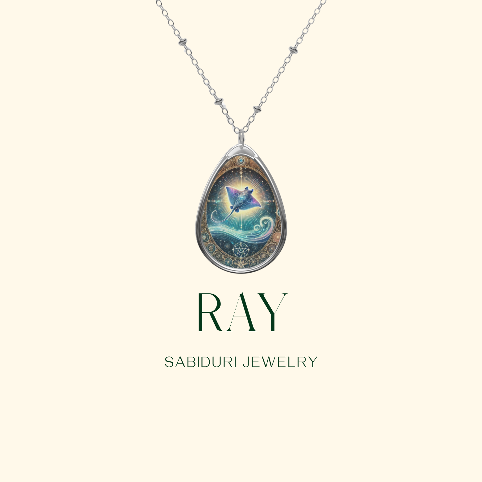 A silver pendant necklace showcasing a mystical stingray design with an ethereal glow, set against a swirling ocean and golden filigree detailing. The jewelry is displayed against a clean, neutral background with the words "RAY" and "SABIDURI JEWELRY" in elegant typography.