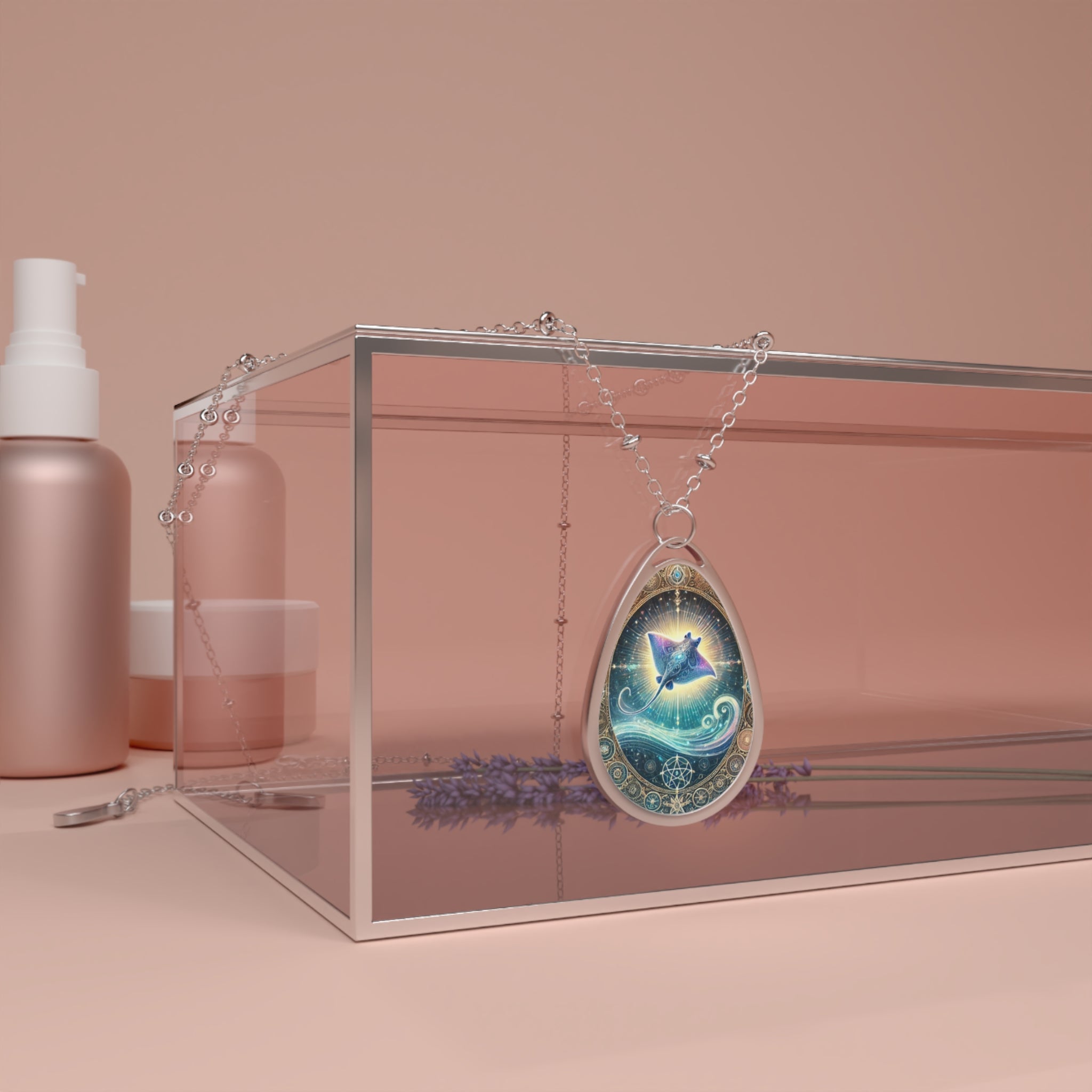 A close-up of a stunning stingray pendant with ornate gold accents and a glowing oceanic design, draped over a transparent jewelry box. The scene is set in a soft, neutral-toned environment with delicate lavender sprigs, creating a luxurious and elegant aesthetic.