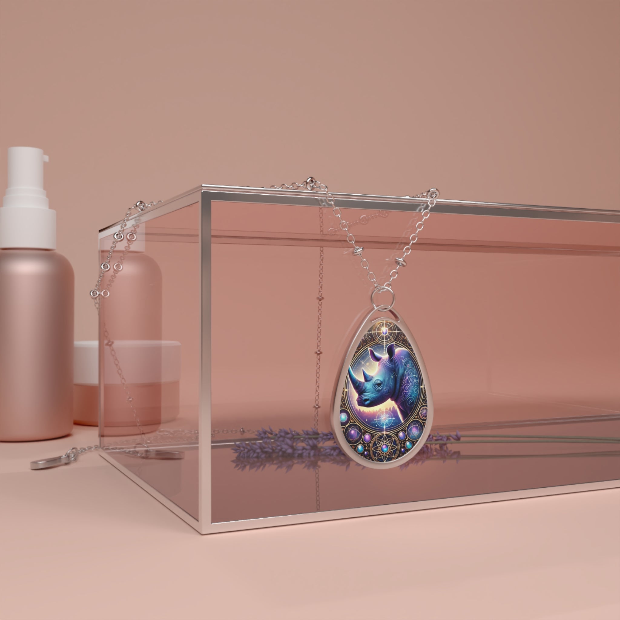 Rhinoceros pendant necklace draped over a modern glass box with a soft pink aesthetic. The pendant’s intricate design glows under the lighting, surrounded by beauty products and lavender sprigs for an elegant, styled composition.