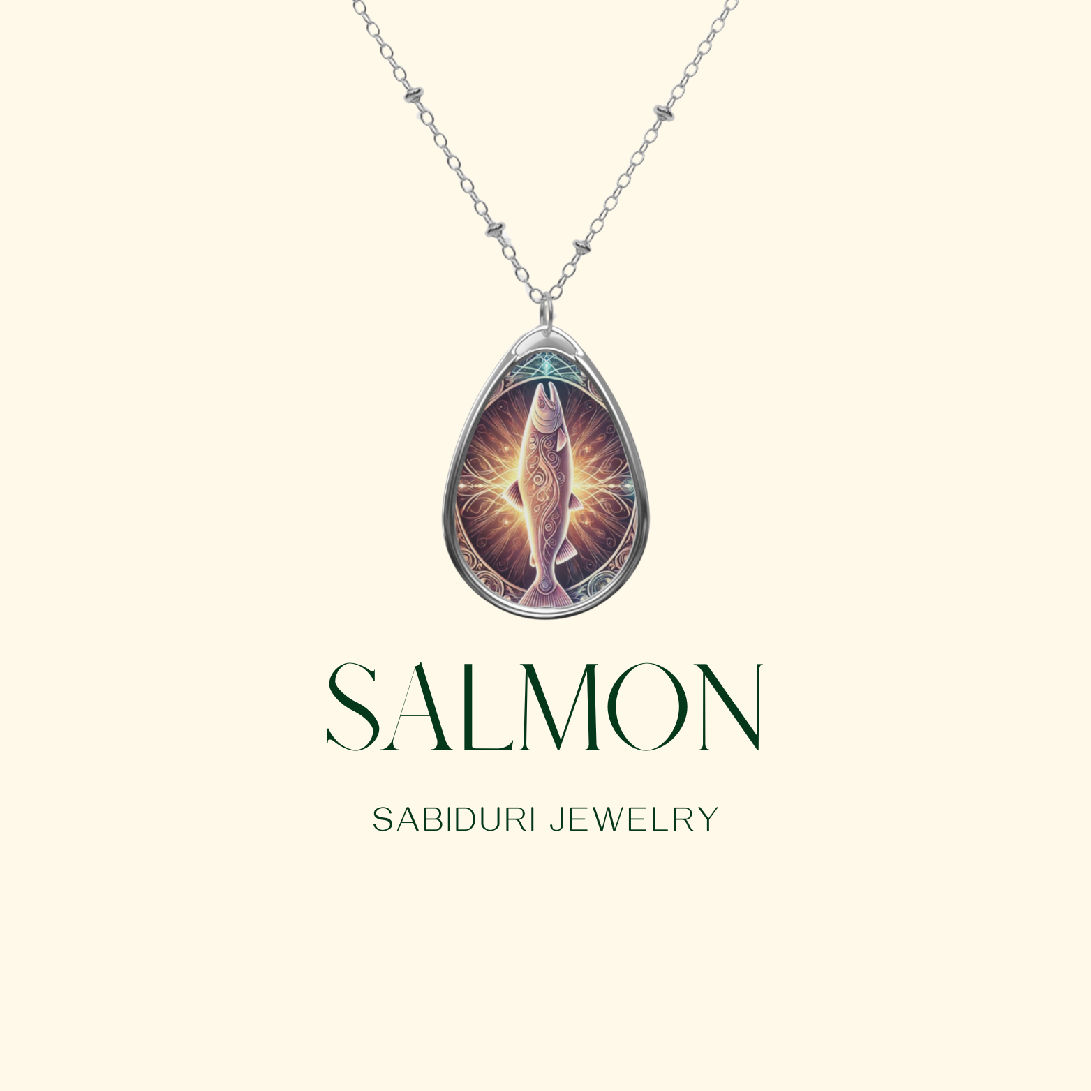 A close-up of the salmon pendant necklace, centered on a minimalist cream-colored background. The text "SALMON" and "SABIDURI JEWELRY" is elegantly written beneath.