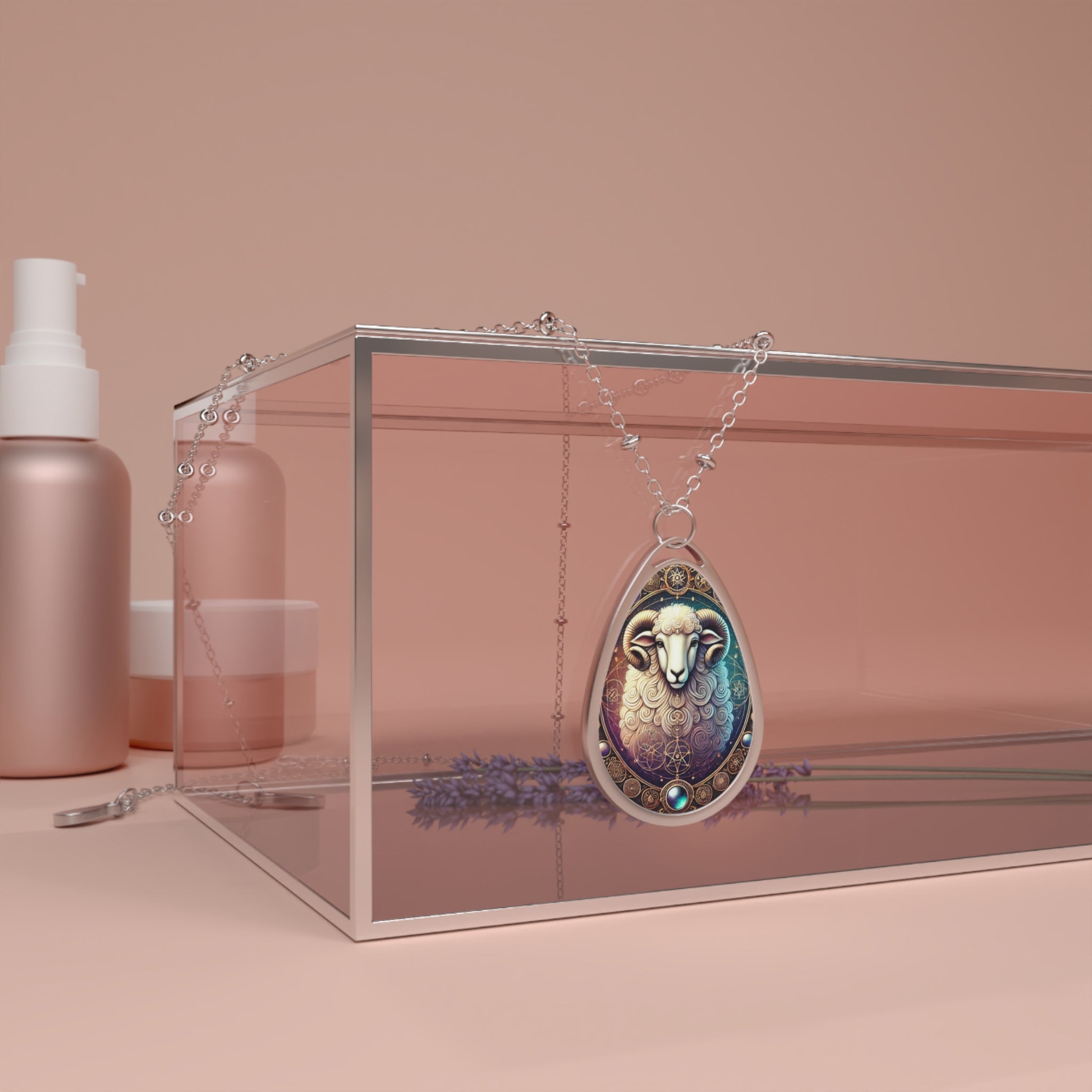 A close-up of the sheep pendant necklace draped over a transparent glass box, surrounded by neutral-toned beauty products. The pendant features a stylized sheep head with intricate golden and celestial patterns.