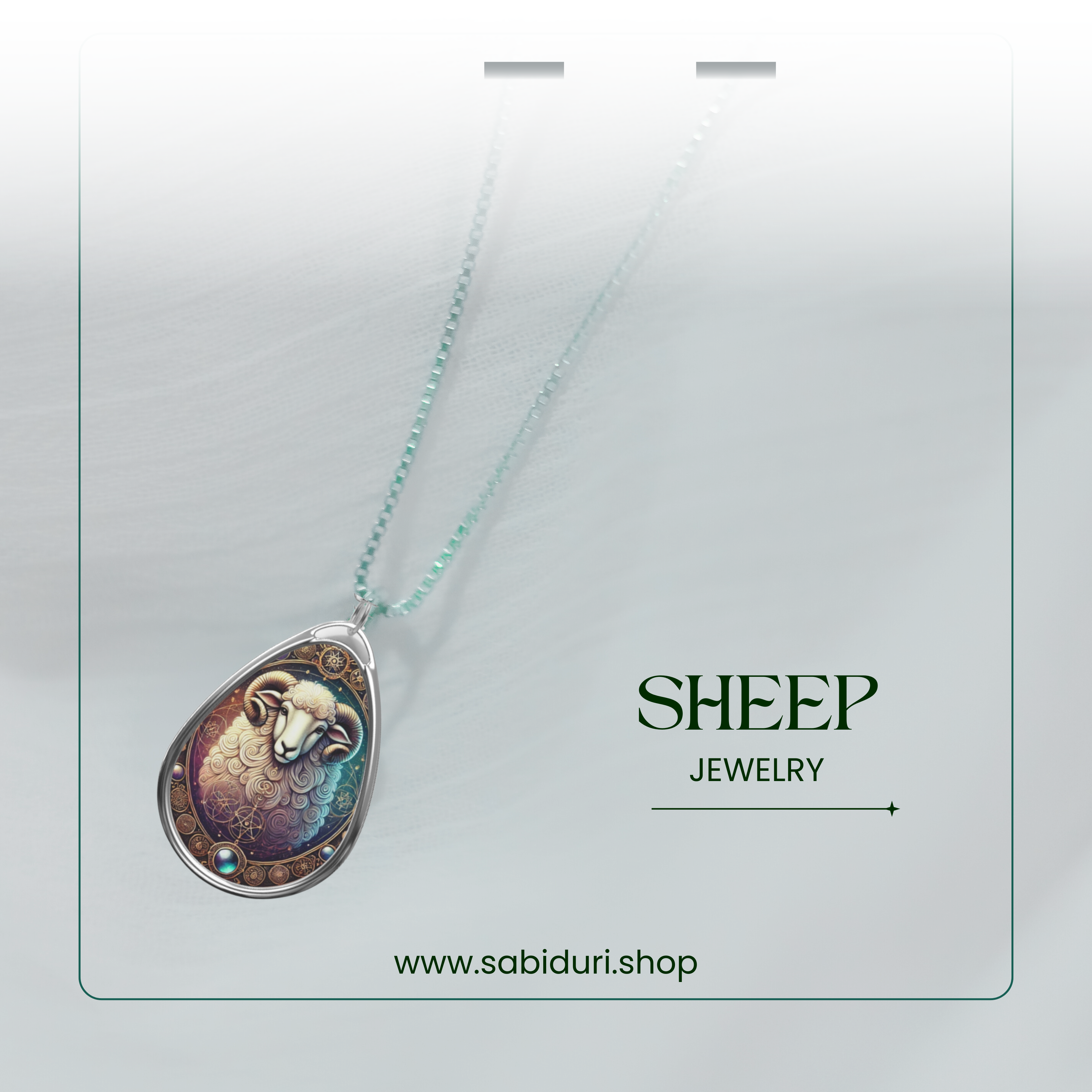 A delicate silver chain with a sheep-themed pendant displayed against a light, airy backdrop. The text "SHEEP JEWELRY" is elegantly placed beside the necklace.