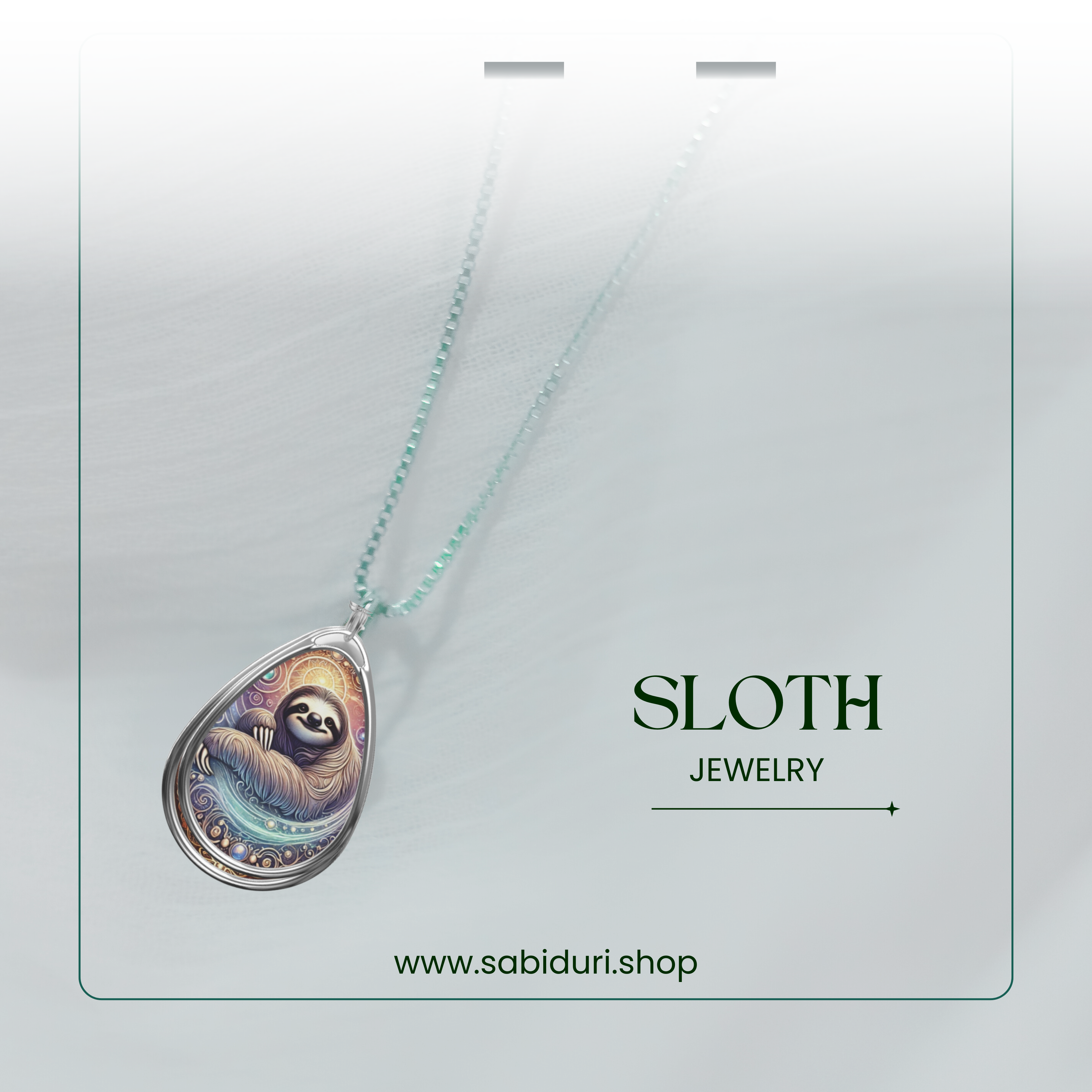 A close-up of a silver necklace featuring a sloth pendant, suspended against a soft white gradient. The pendant's celestial design and intricate details are highlighted. The text "SLOTH" and "JEWELRY" is displayed alongside the shop's website.