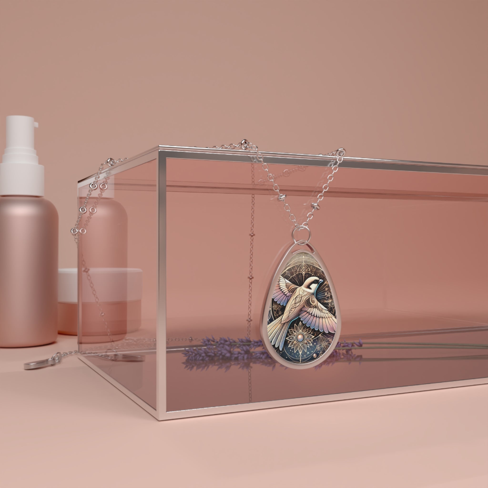 A teardrop-shaped sparrow necklace elegantly draped over a glass display case, surrounded by lavender flowers and minimalistic skincare bottles. The pendant features a detailed sparrow with golden accents against a mystical background, creating a refined and serene aesthetic.