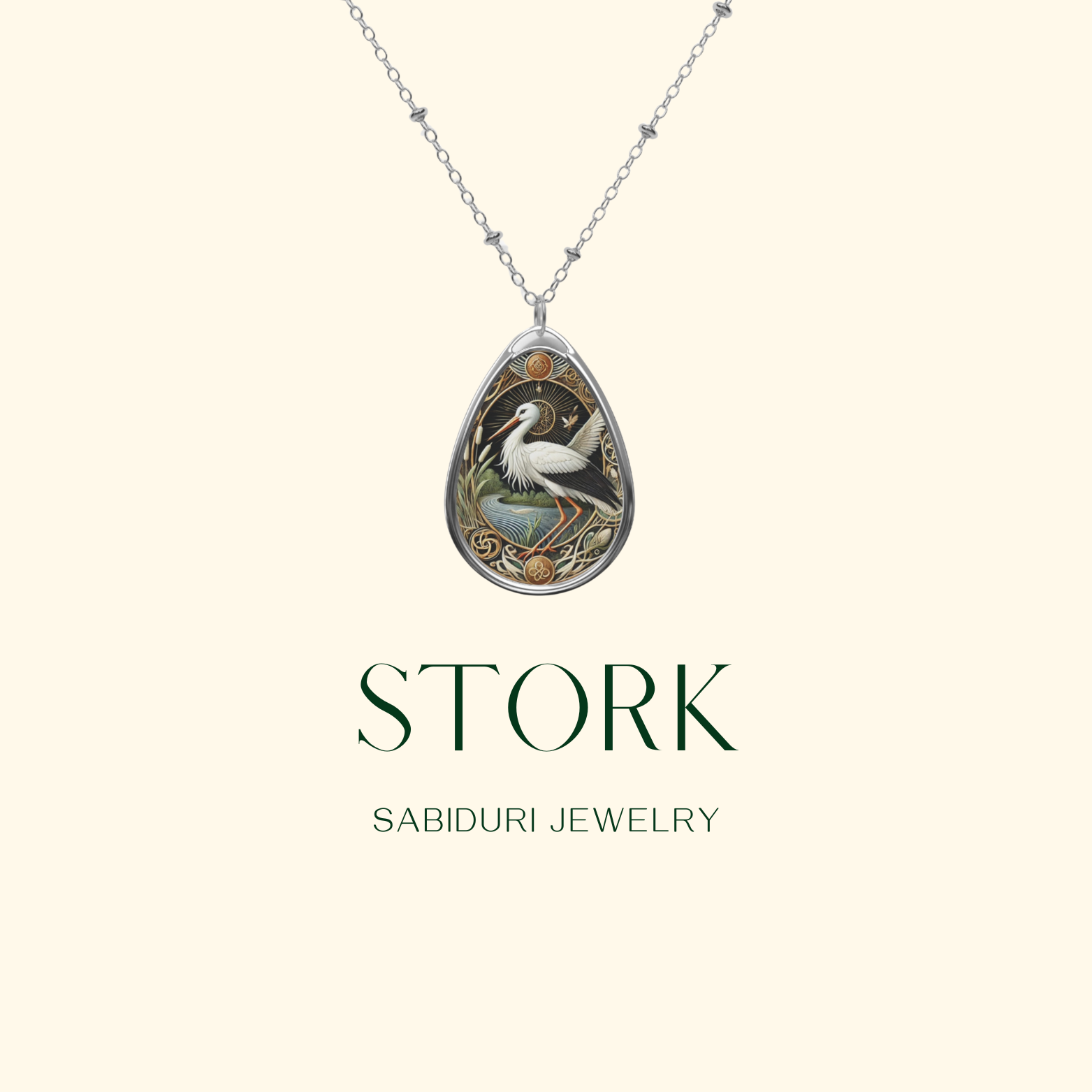 A minimalist display of the stork spirit animal necklace on a clean beige background, featuring the text "Stork - Sabiduri Jewelry."