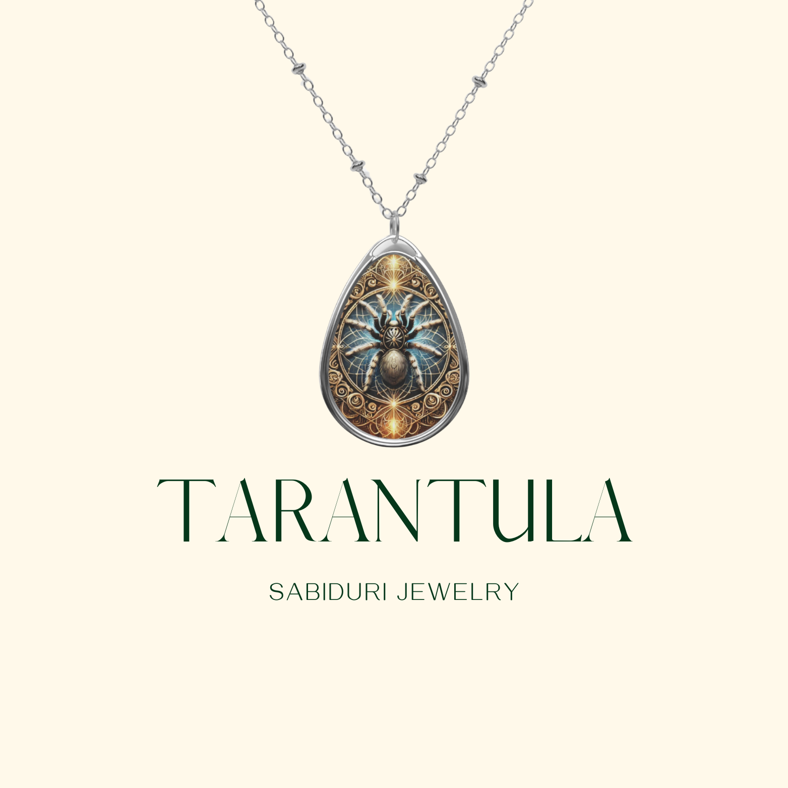 A close-up of the same tarantula pendant on a minimalist beige background, emphasizing the detailed spider motif and elegant metalwork. Below, the text "TARANTULA - SABIDURI JEWELRY" enhances the luxurious branding.