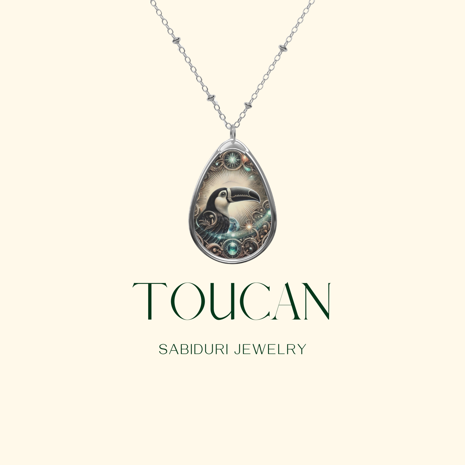 A digital promotional image showcasing a zebra pendant necklace on a minimalist cream background. The pendant is adorned with a celestial and cosmic design, and the text "Zebra - Sabiduri Jewelry" is displayed in elegant typography.