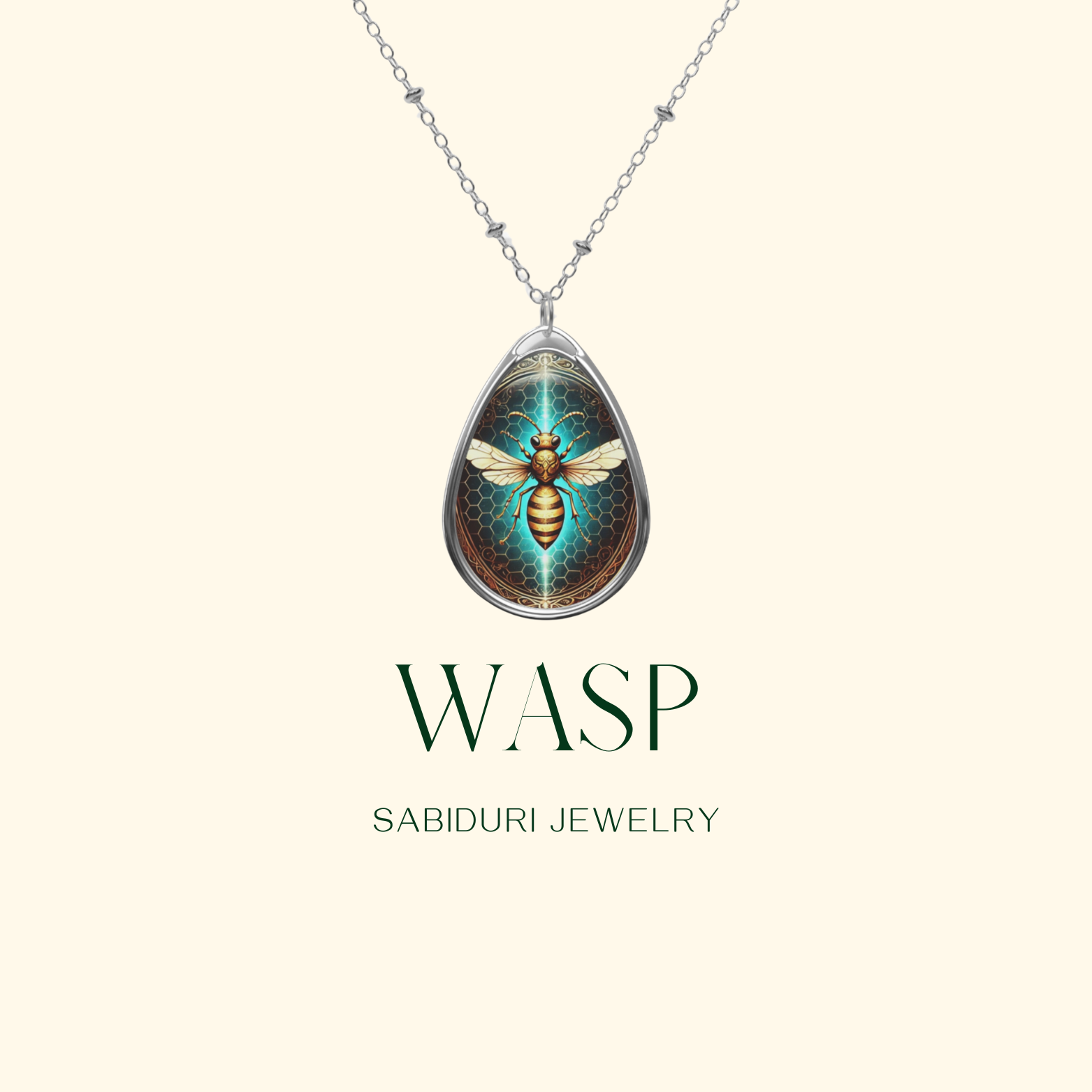 A close-up of the wasp pendant necklace on a plain light background. The intricate wasp design, set within a golden honeycomb pattern, stands out, with the text ‘WASP’ and ‘SABIDURI JEWELRY’ elegantly placed underneath.