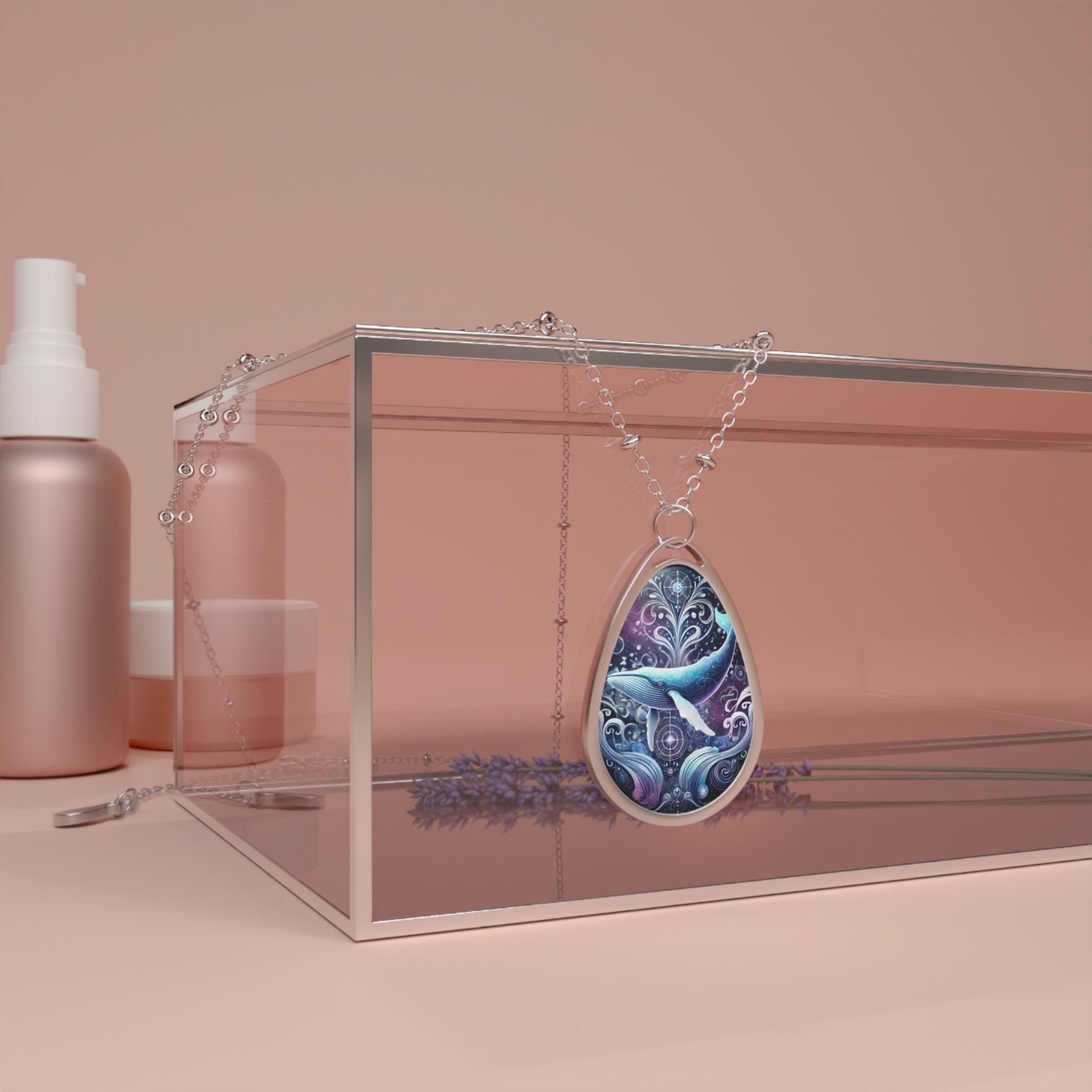 A luxurious whale pendant necklace draped over a modern, transparent jewelry box, surrounded by soft pink and lavender-toned decor. The pendant features an ornate whale design with swirling oceanic and celestial motifs, hanging from a delicate silver chain. The lighting enhances the intricate details of the jewelry.