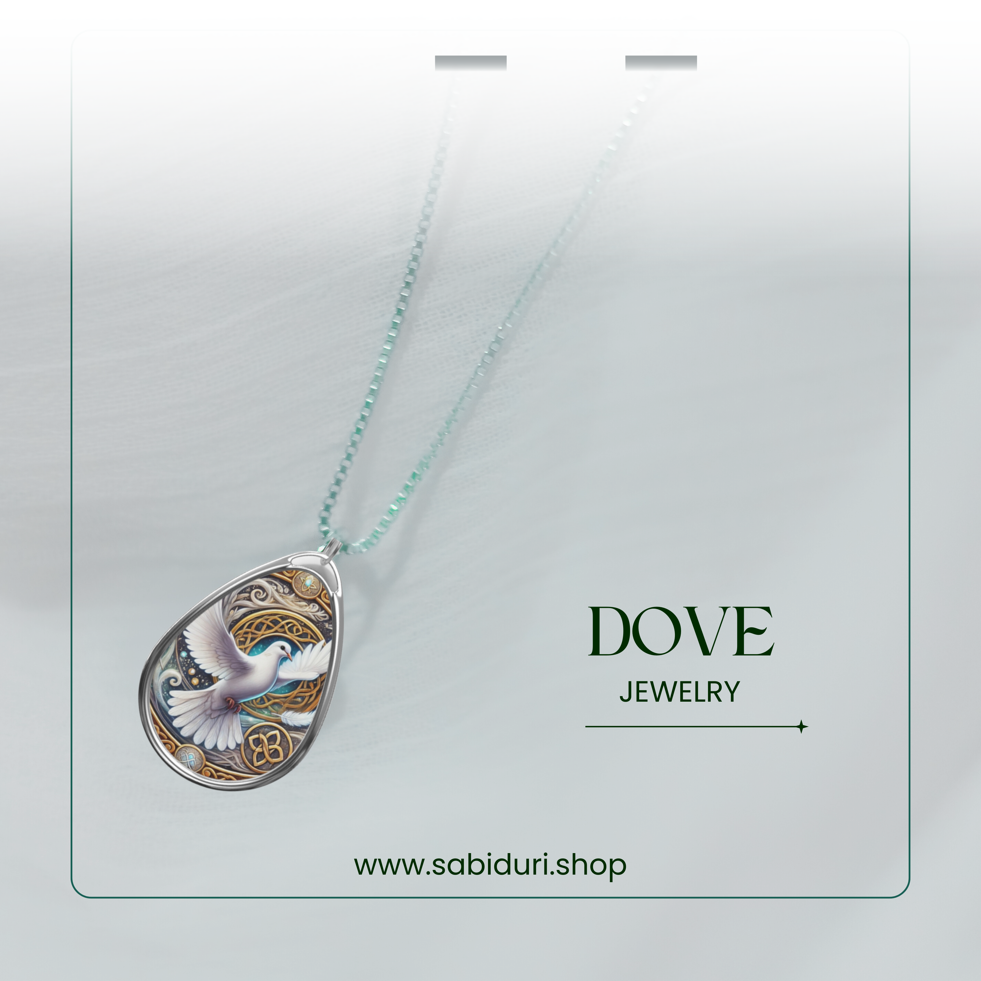 A polished product advertisement for the Dove necklace, suspended in front of a softly blurred white fabric. The pendant’s intricate details, including the celestial white dove, golden accents, and delicate filigree, stand out. Below, the text "DOVE JEWELRY" and "www.sabiduri.shop" is neatly aligned.