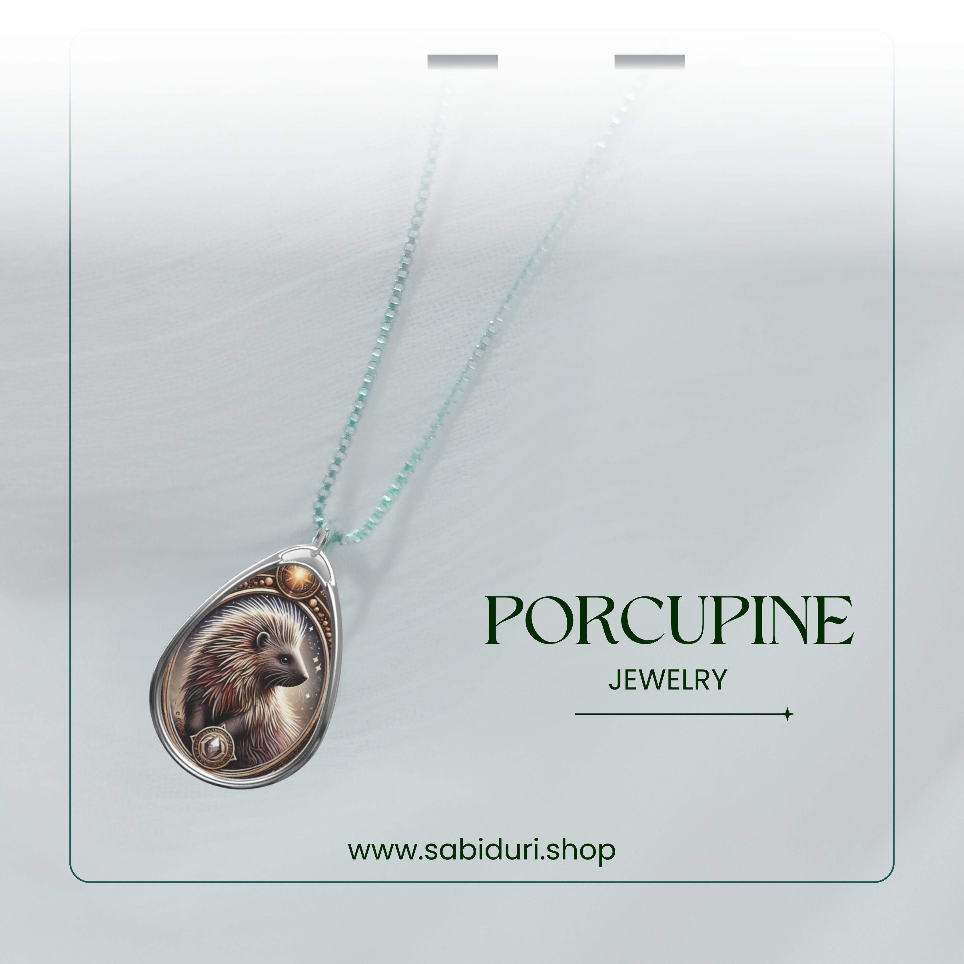 A close-up of the porcupine necklace, suspended from a delicate silver chain. The pendant’s fine details, from its realistic quills to the ornamental swirls, are highlighted against a soft white gradient. "PORCUPINE JEWELRY" is written in an elegant, modern font, enhancing the refined aesthetic.