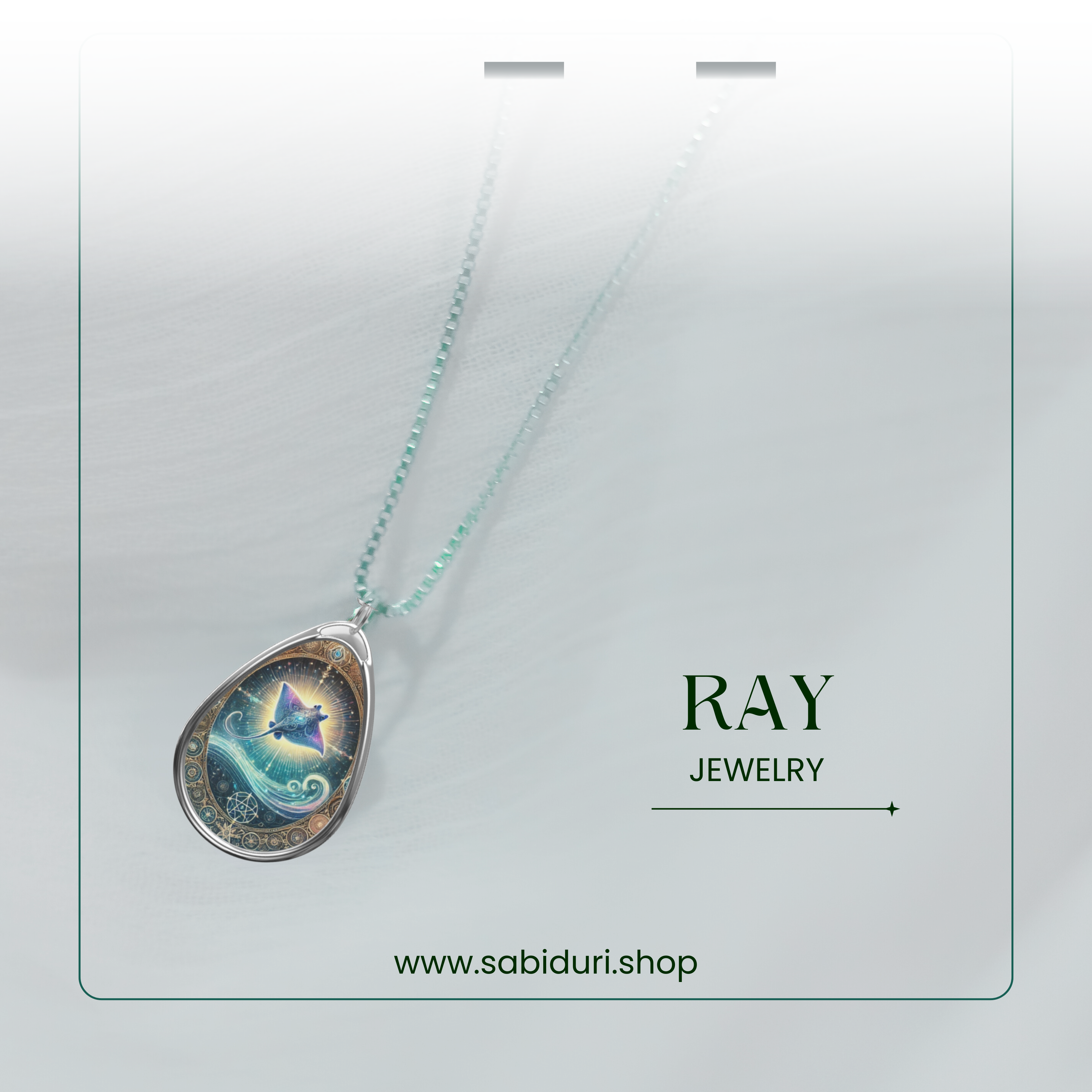 A stingray-themed pendant necklace with an intricate design of ocean waves and celestial light, suspended from a delicate silver chain. The pendant is displayed on a soft, gradient background with "RAY JEWELRY" and "www.sabiduri.shop" written in refined font.