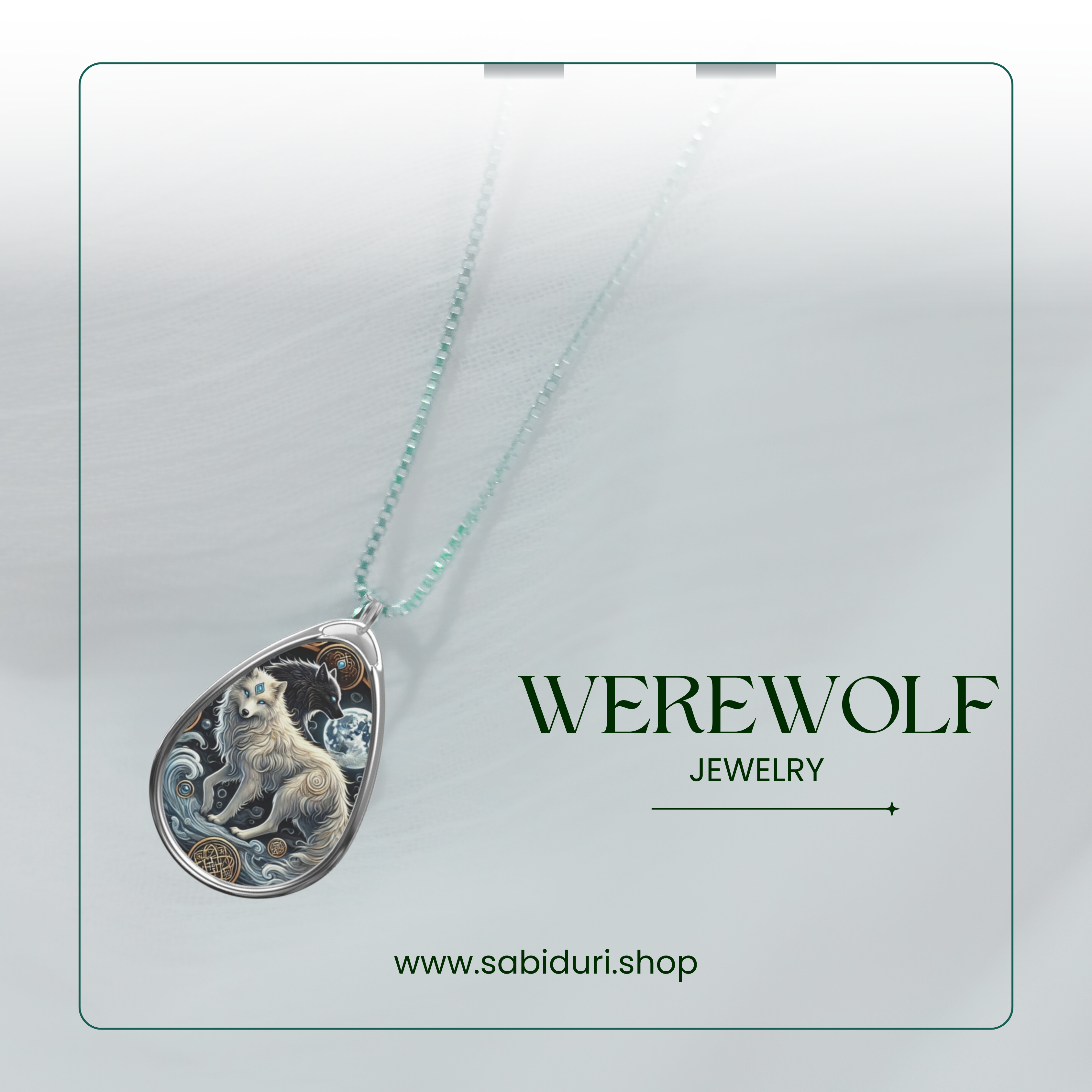 A delicate silver necklace with a teardrop-shaped pendant featuring an intricate design of a werewolf under a moonlit sky. The pendant is displayed against a soft, white background with the text 'WEREWOLF JEWELRY' and 'www.sabiduri.shop' at the bottom.