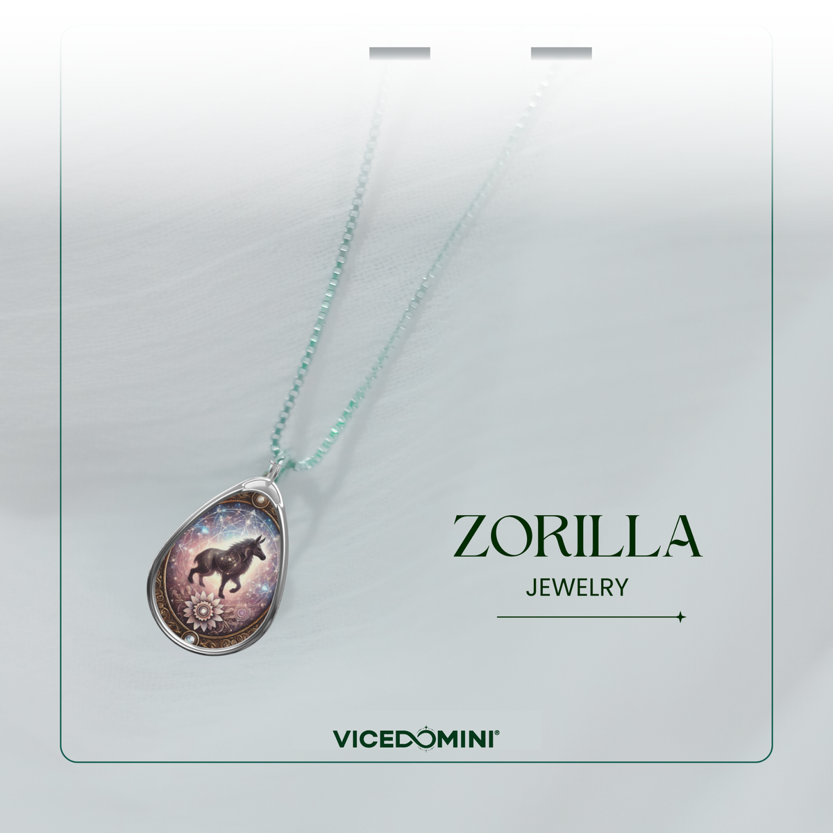 A teardrop-shaped pendant necklace with a horse illustration on a light mint chain, displayed on a branded card that reads 'ZORILLA JEWELRY' and 'VICEDOMINI'.