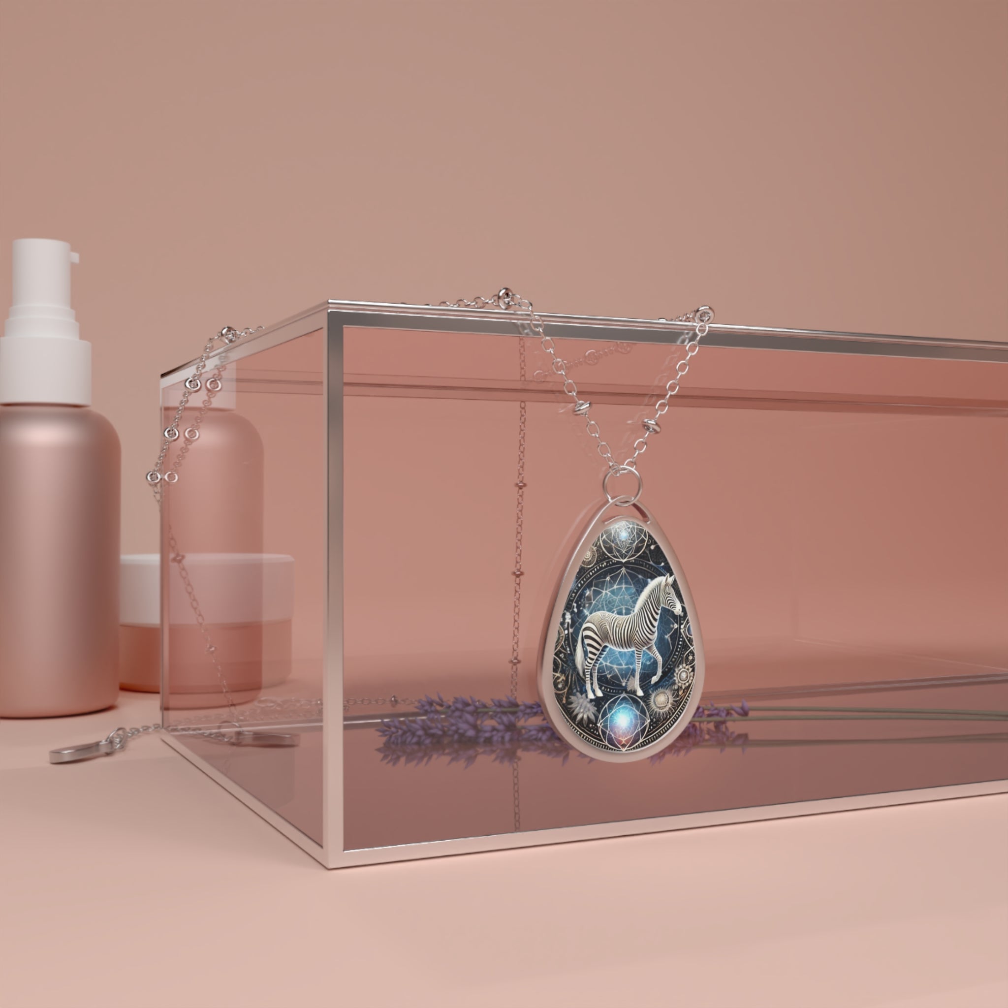 The zebra necklace is draped over a glass display box, styled with soft pink tones and lavender sprigs. The pendant’s celestial elements and silver framework stand out against the luxurious background.