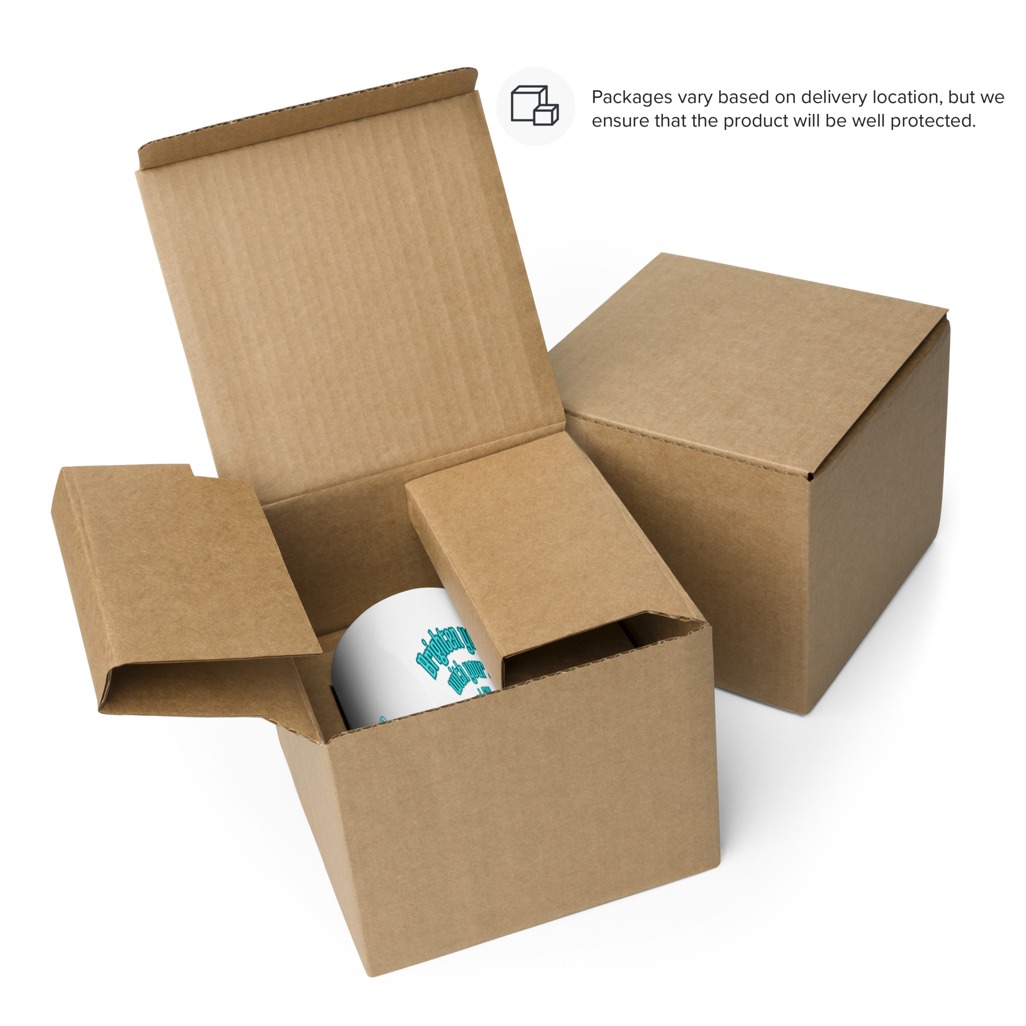 A white mug partially visible, placed inside an open cardboard box, indicating it is ready for packaging and shipping. The packaging box is plain brown and shows how the mug is securely packed.